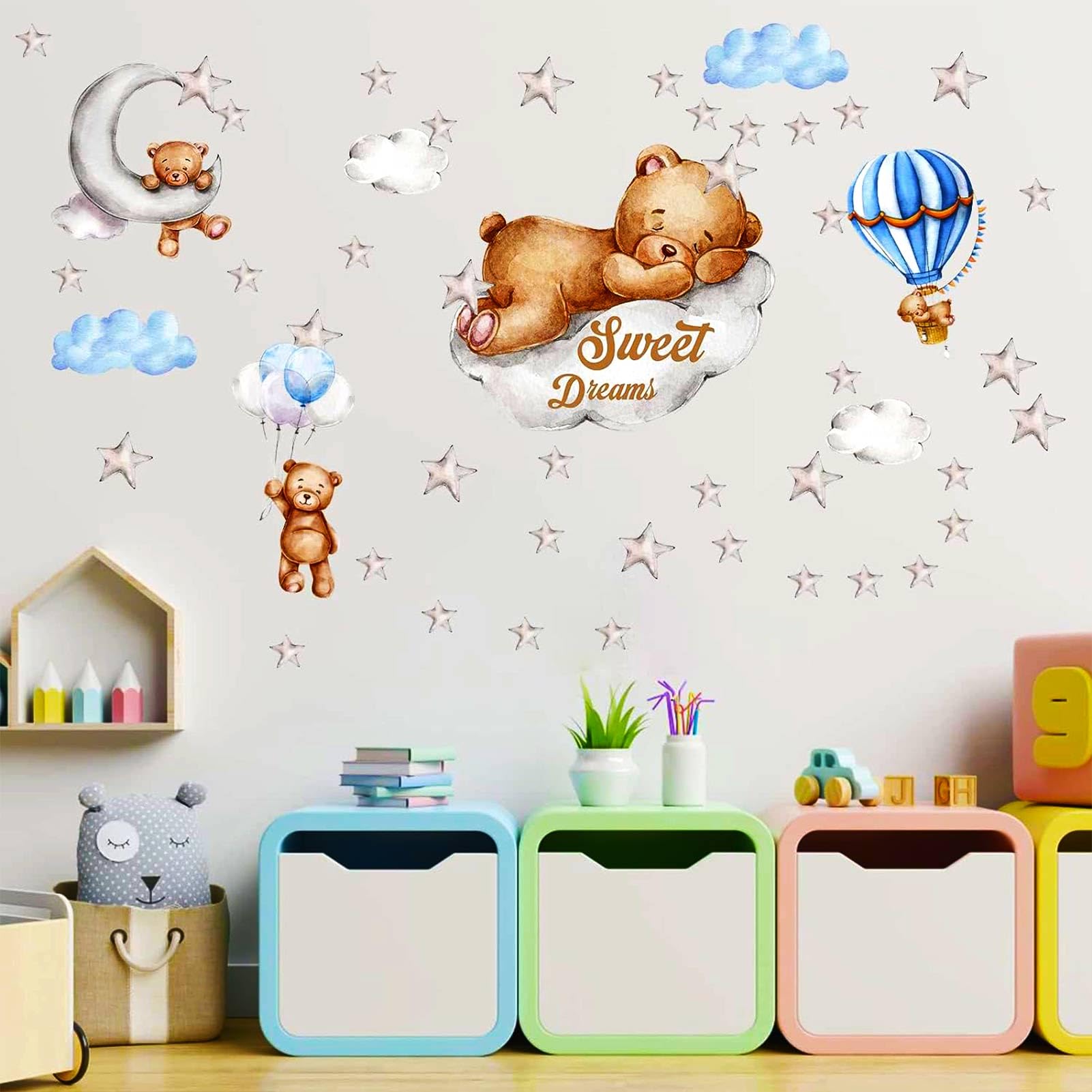 Tedy Bear Moon & Stars Wall Decals - Adhesive Nursery Wall Stickers for Baby Room Decor | Perfect for Kids Bedroom, Playroom & Nursery Wall Art