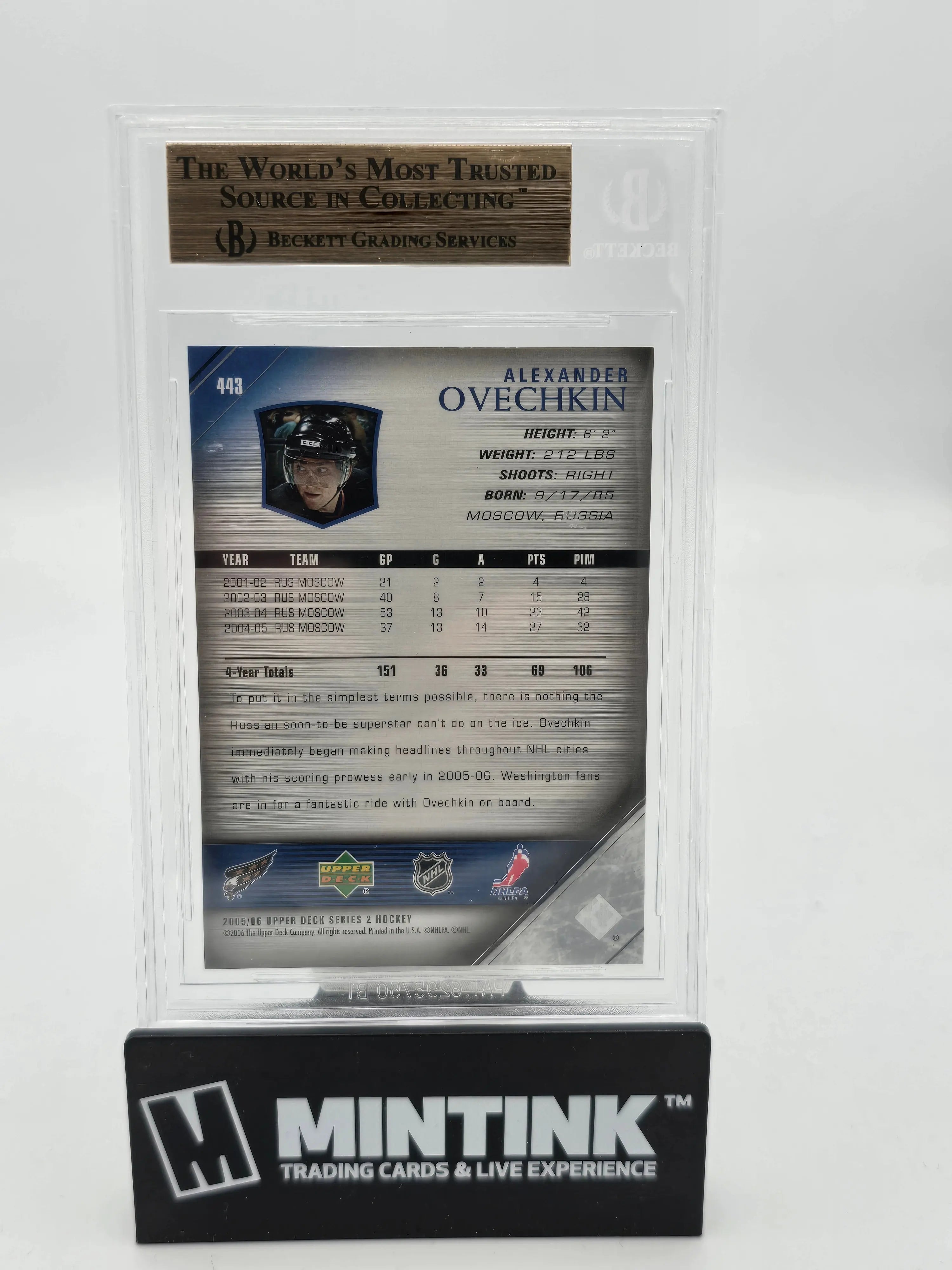 2005-06 Upper Deck Series 2 Alexander Ovechkin Young Guns Rookie Card BGS 9.5 Gem Mint - Perfect for Hockey Collectors & NHL Memorabilia Displays