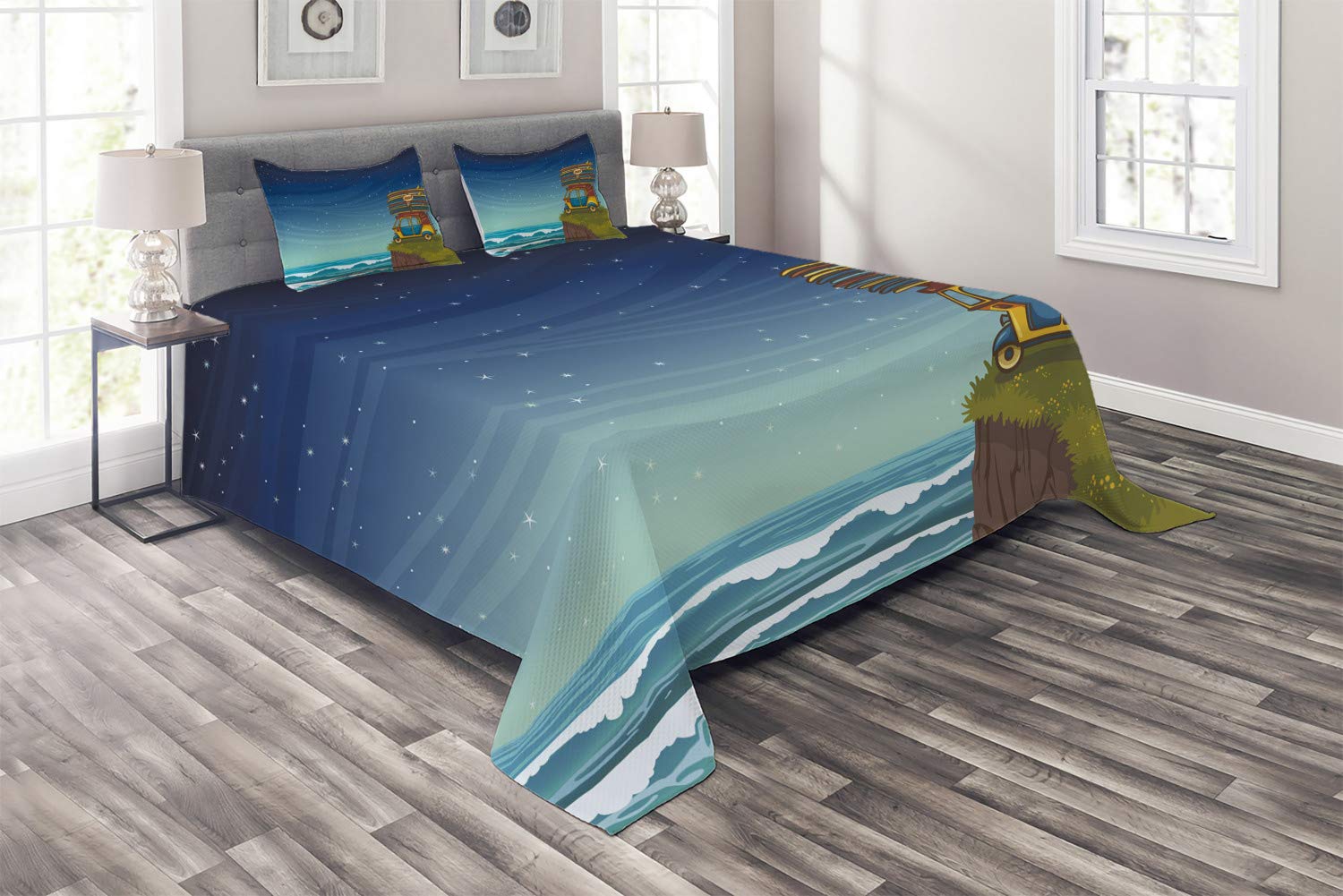Ambesonne Ocean Themed King Size 3-Piece Quilted Bedspread Set with 2 Pillow Shams - Blue Cartoon Car & Surfboard Design, Summer Beach Waves Illustration for Coastal Bedroom Decor | Perfect for Guest Rooms, Vacation Homes & Beach House Styling