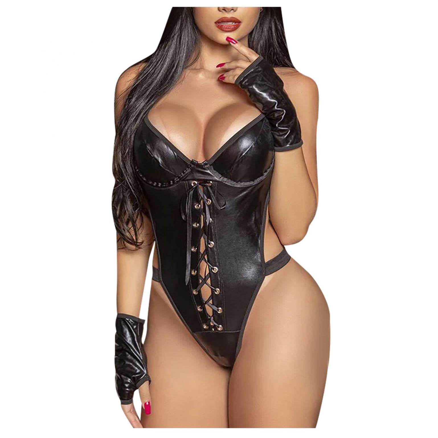 Low Profile Leather Fishnet Bodysuit Babydoll Lingerie for Women - Sexy Hollow Jumpsuit for Naughty Play & Valentine's Day - Perfect for Boudoir Photography, Role Play, and Romantic Nights