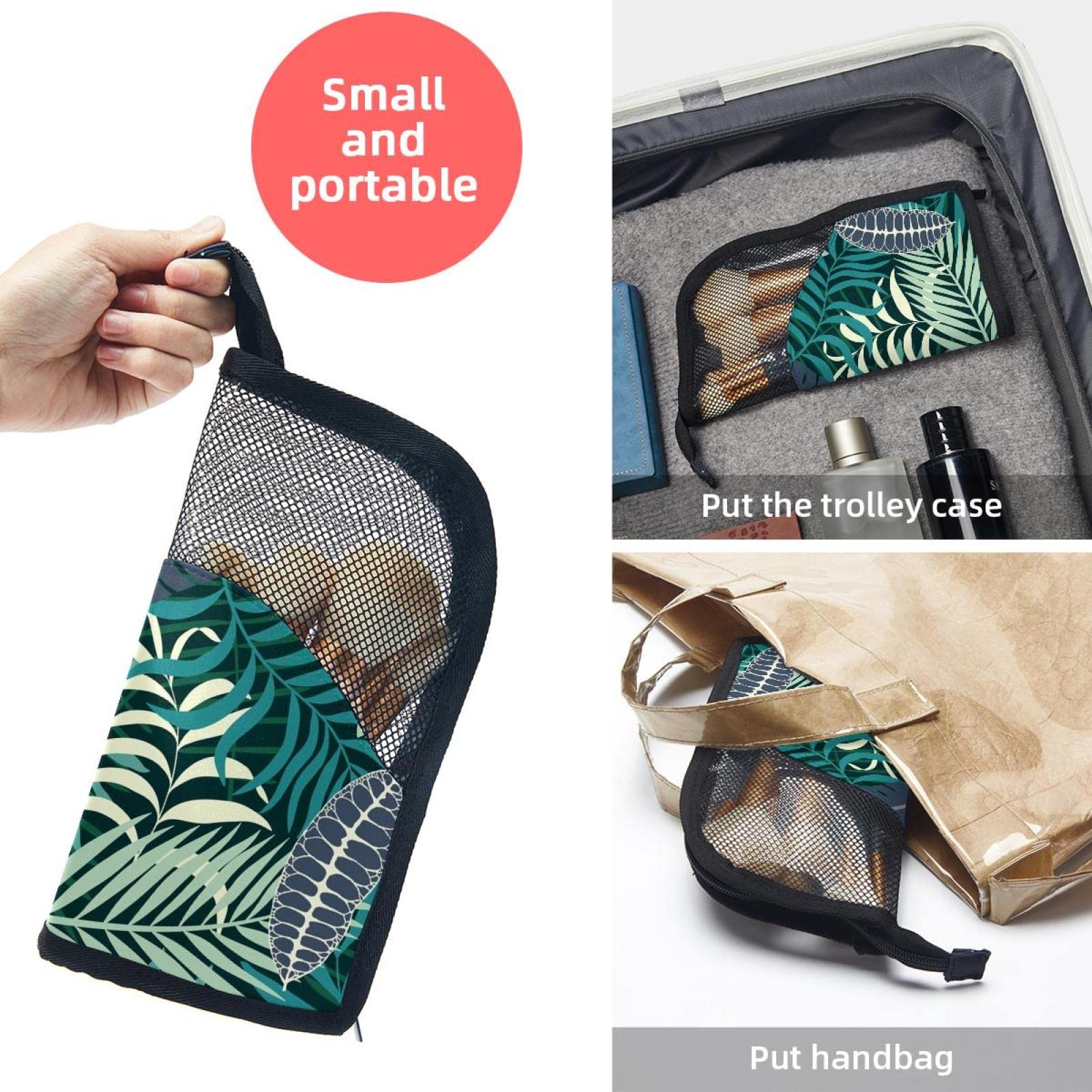Premium 12-Slot Makeup Brush Organizer Bag - Tropical Leaves Green & Gray Portable Travel Case | Perfect for Makeup Artists, Travel & Home Storage