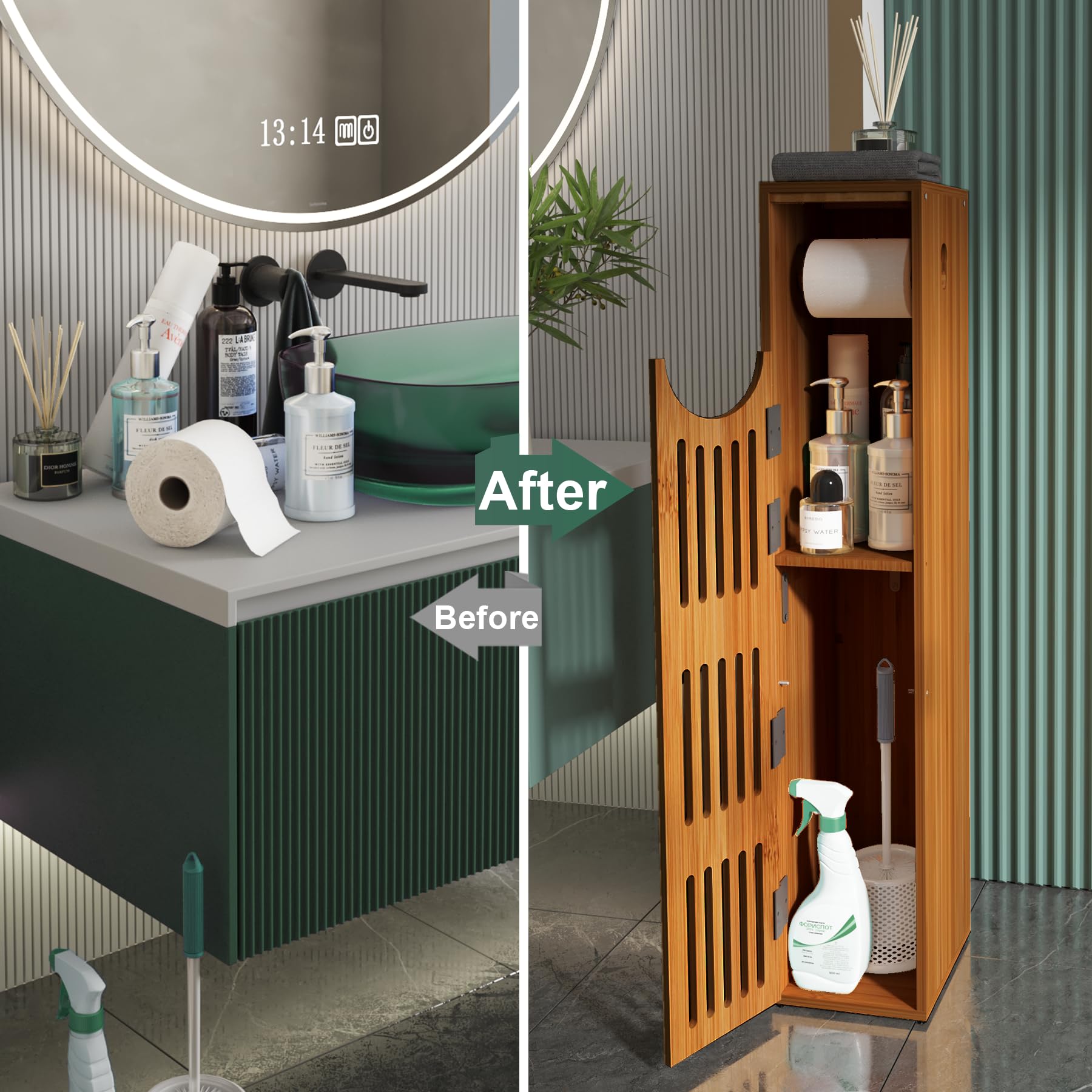 Bamboo Toilet Paper Holder with Storage - Slim Bathroom Cabinet for Small Spaces (33x7.3x6.5