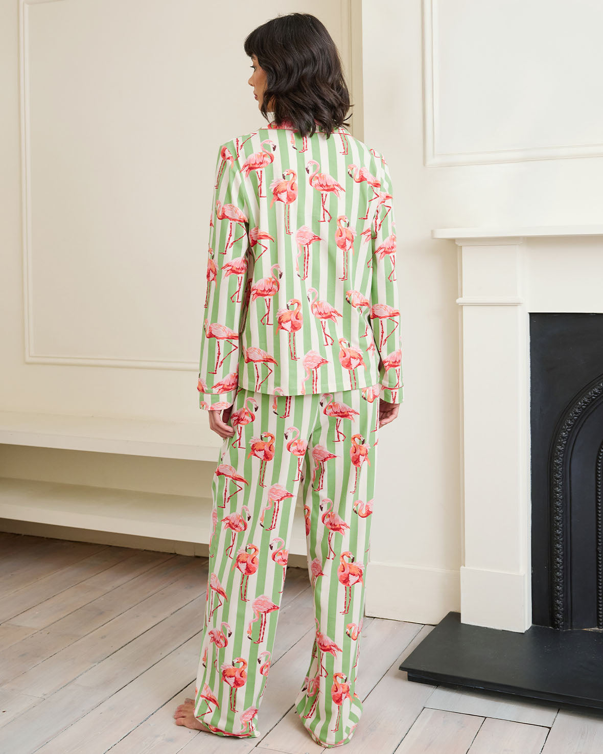 Organic Cotton Flamingo Striped Long Pajama Set for Women - Soft & Comfortable Sleepwear for Nighttime Relaxation & Lounging