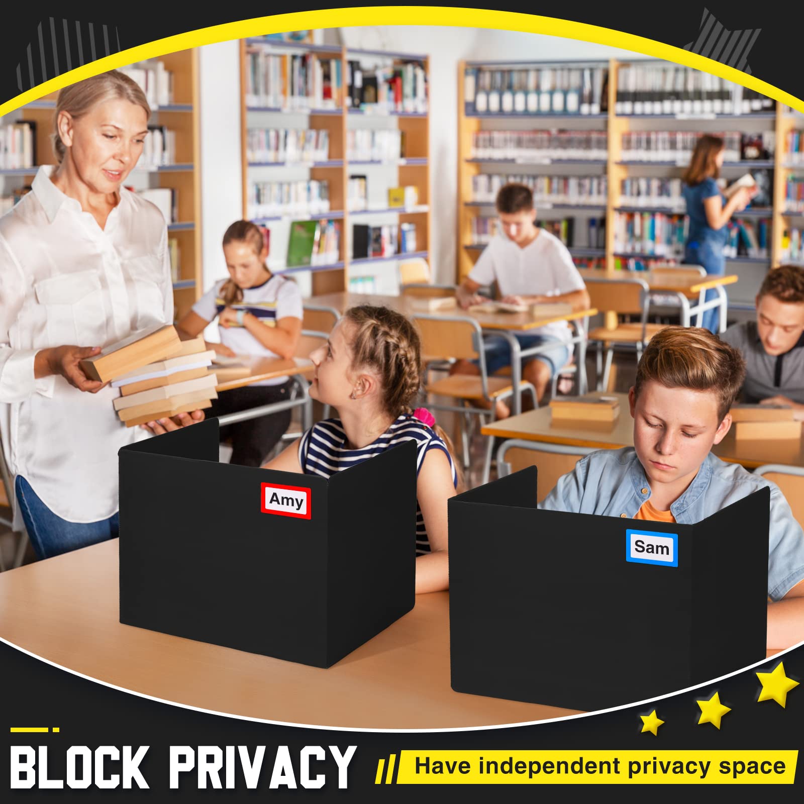 20-Pack Black Plastic Classroom Privacy Boards for Student Desks - 14 x 17.3 x 14 Inch Foldable Test Dividers & Study Shields with 40 Colorful Name Labels - Reduce Distractions for Focused Learning in Schools & Homeschooling
