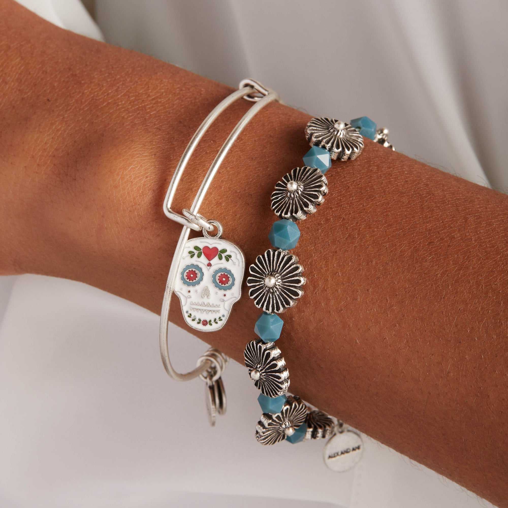 Mexican Sugar Skull Charm Bangles - Set of 2 Handmade Beaded Bracelets for Women - Perfect for Day of the Dead Celebrations, Halloween Costumes & Boho Fashion Accessories