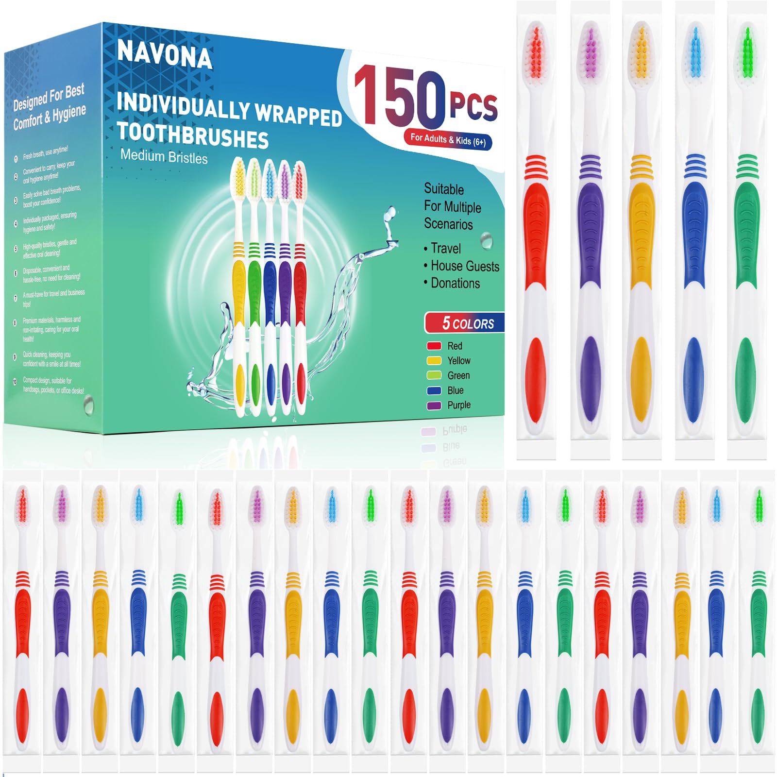 150-Pack Premium Individually Wrapped Toothbrushes - Soft Bristles for Adults & Kids - Ergonomic Handle - Ideal for Travel, Hotels, Donations & Emergency Kits - Bulk Disposable Toothbrushes for Home, Office & School Use