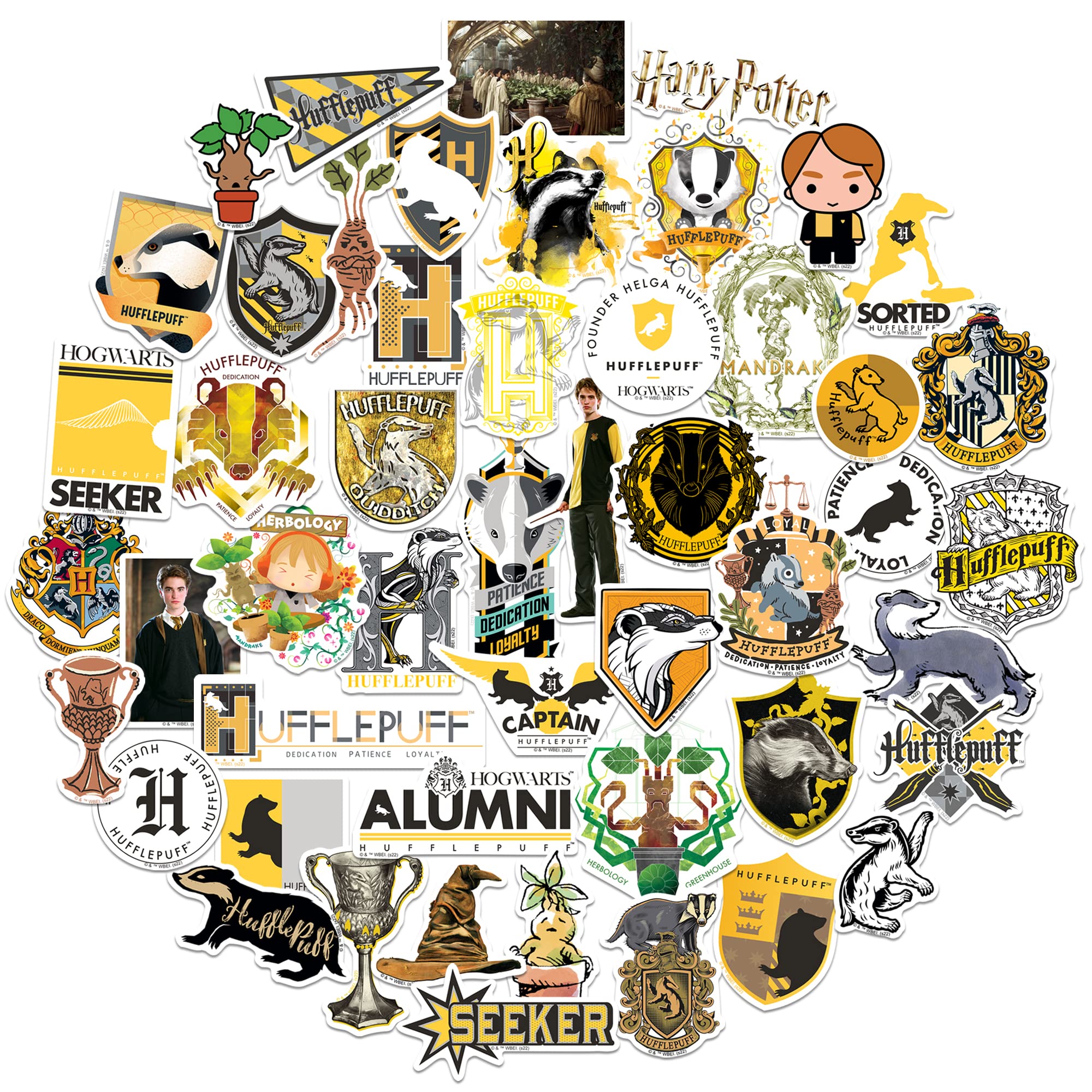 Harry Potter Hufflepuff Die Cut Vinyl Stickers - 50-Piece Variety Pack for Laptop, Water Bottle, Scrapbooking, Tablet & Skateboard - Waterproof Indoor/Outdoor Decals - Perfect for DIY Crafts, School Supplies & Gift Giving