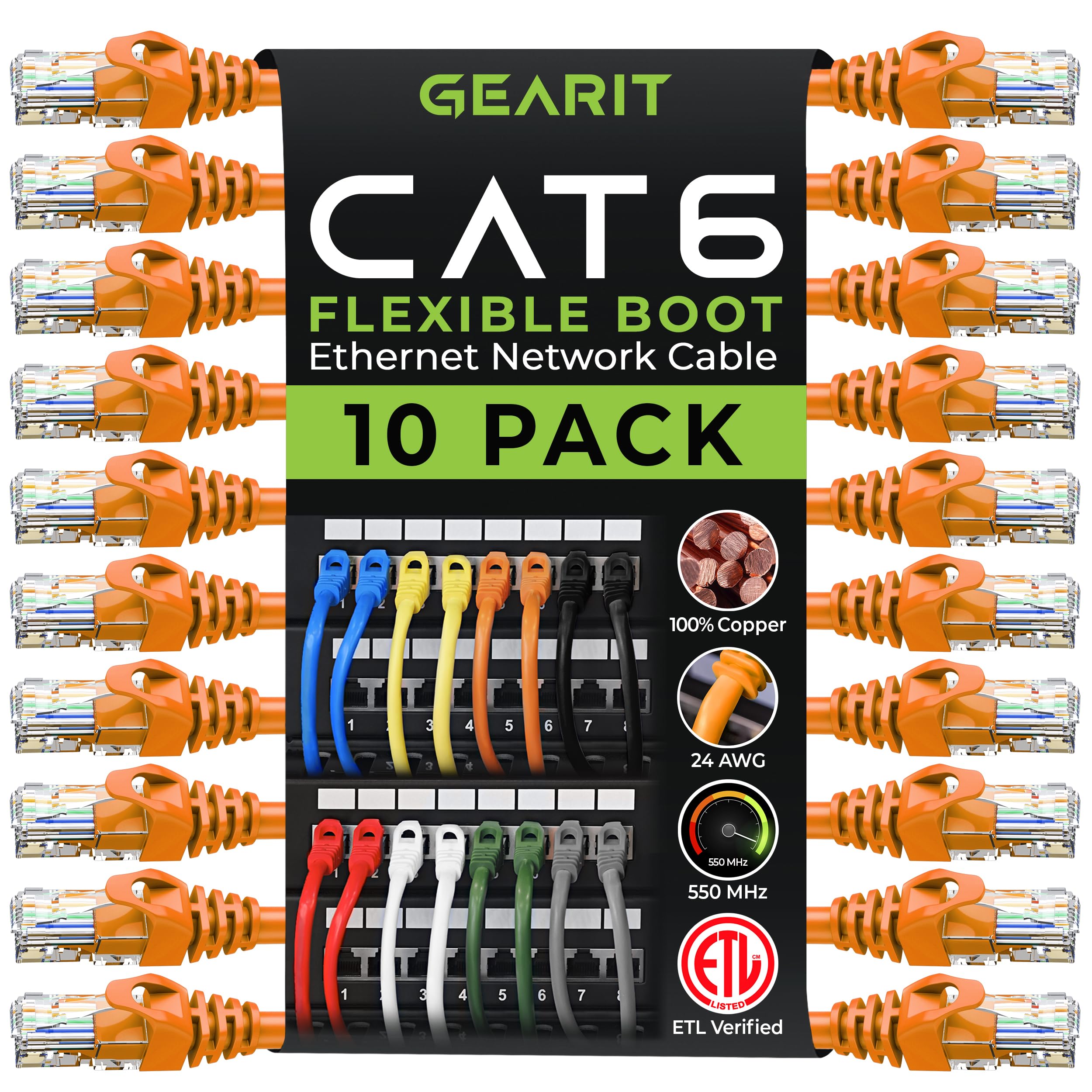 GEARit Cat6 Ethernet Cable 2 ft - High Speed 550MHz, 10Gbps Network Cable, Snagless RJ45 Connector, Patch Cord for Router, Modem, PC, Gaming - Durable Orange 2 Feet for Home & Office Networking