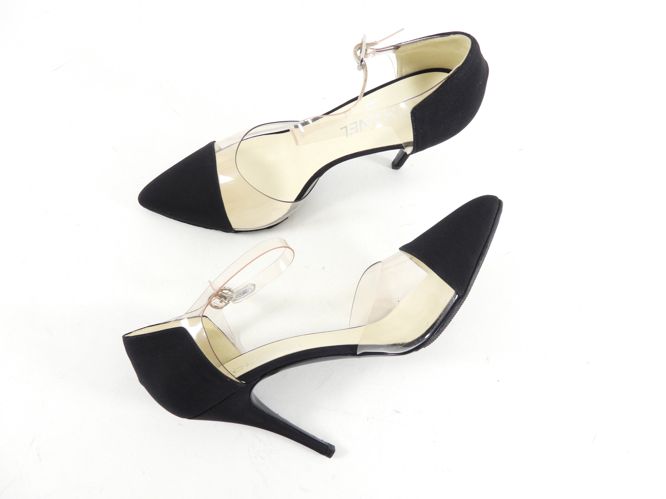 Chanel Black Fabric and Clear Acrylic Cap Toe D'Orsay Pump Heels - Women's Size 41/40 - Elegant High Heels for Evening Parties, Weddings & Formal Events
