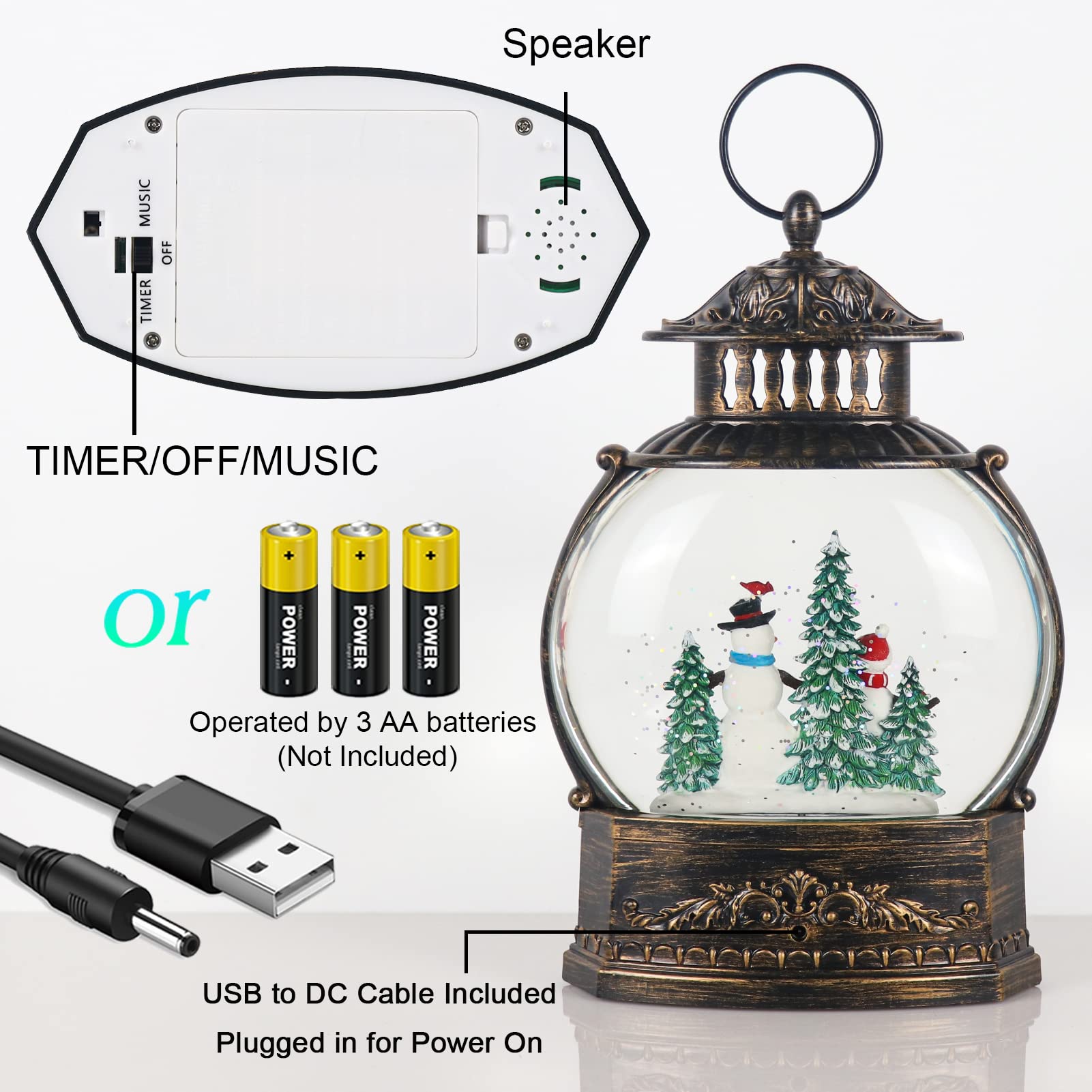 11.2 Inch USB/Battery Powered Rotating Snow Globe Lantern with Timer - Christmas Snowman Decor with Water Glitter & Music - Perfect for Holiday Home Decor, Gift Giving & Winter Tabletop Displays