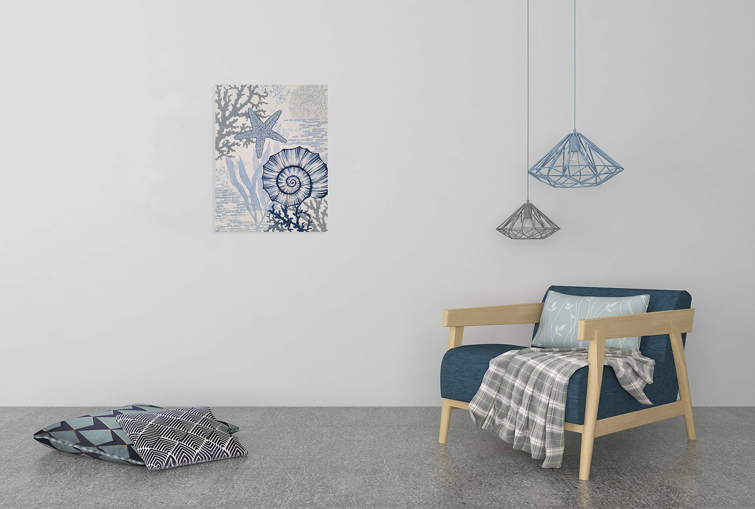 Hand Painted Coastal Canvas Wall Art - Blue and White Sea Shell & Starfish Painting for Living Room, Bedroom, Bathroom Decor | Beach Theme Home Décor, Perfect for Coastal Style Interiors