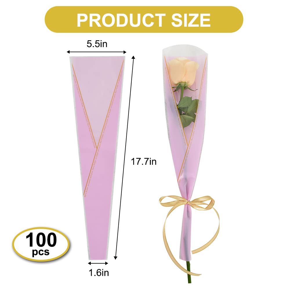 BEISHIDA 100 PCS Single Rose Sleeve Plastic Flower Wrapping - Pink & Gold Letter Cellophane Sleeves for Florist Bouquet, Wedding, Mother's Day & Valentine's Day Gifts - Perfect for DIY Floral Arrangements & Romantic Surprises
