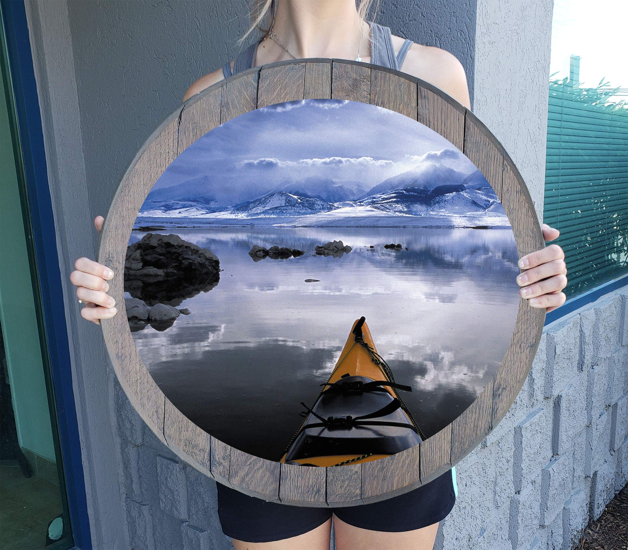 RWD Alaska Sea Kayak Ocean Wall Art - Peaceful Serenity Man Cave Decor, Reclaimed Barnwood Gray Whiskey Barrel Lid - Perfect for Home Office, Lake House & Coastal Living Spaces