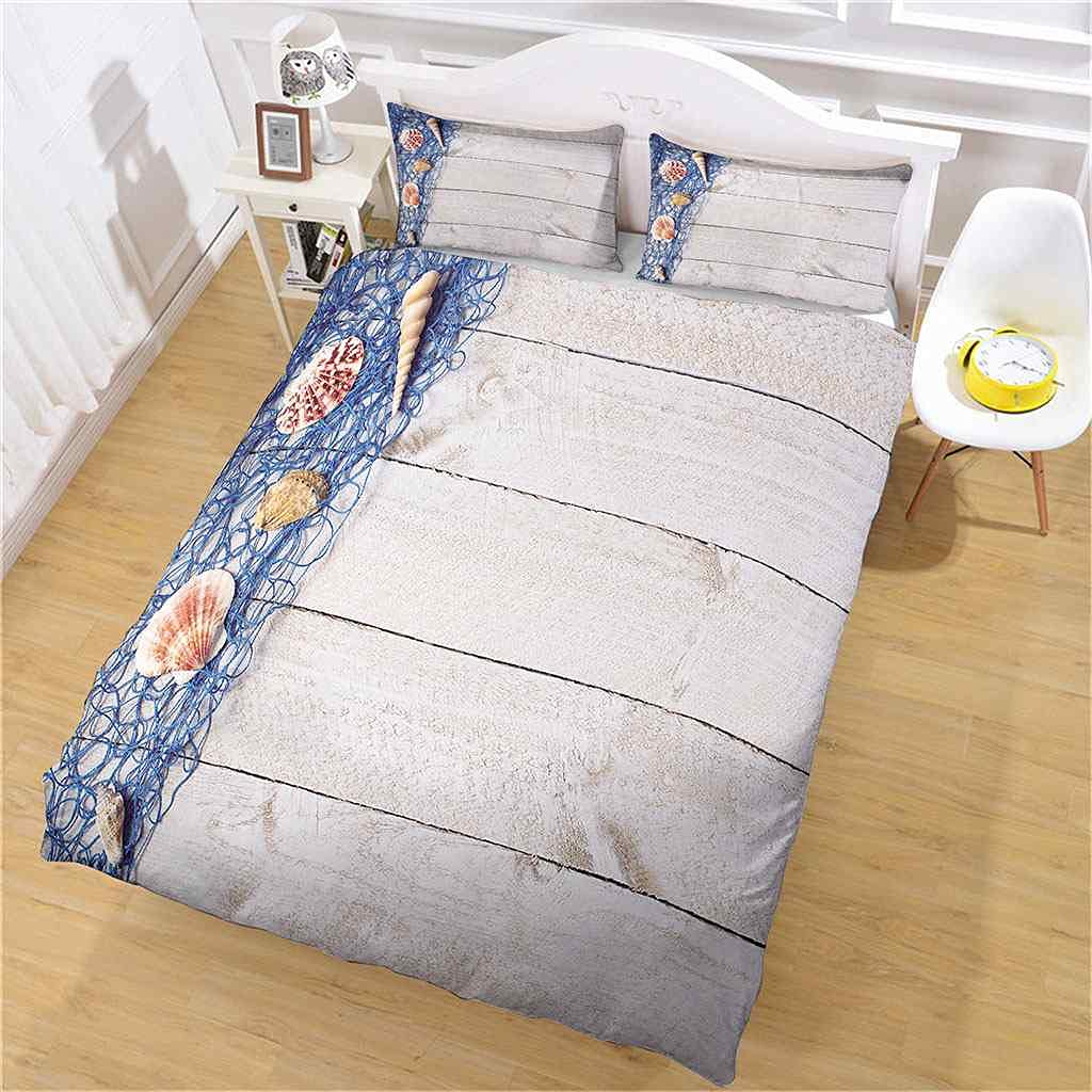 Queen Size Duvet Cover Set 90x90 Inches - Modern Blue Fishnet Shells Design, Soft Microfiber Comforter Cover with Zipper Closure & Corner Ties, Includes 2 Pillow Shams | Perfect for Bedroom Decor, Guest Room, and Coastal Theme Home