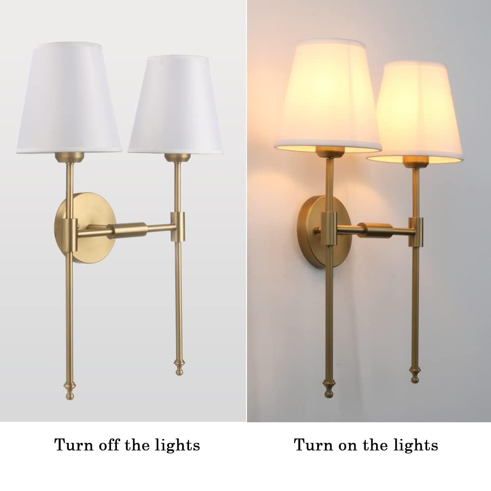 PERMO Classic Rustic Double Sconce Wall Light - 2-Light Antique Brass Fixture with White Flared Fabric Shade - Perfect for Bathroom, Bedroom, Hallway & Living Room Lighting Decor