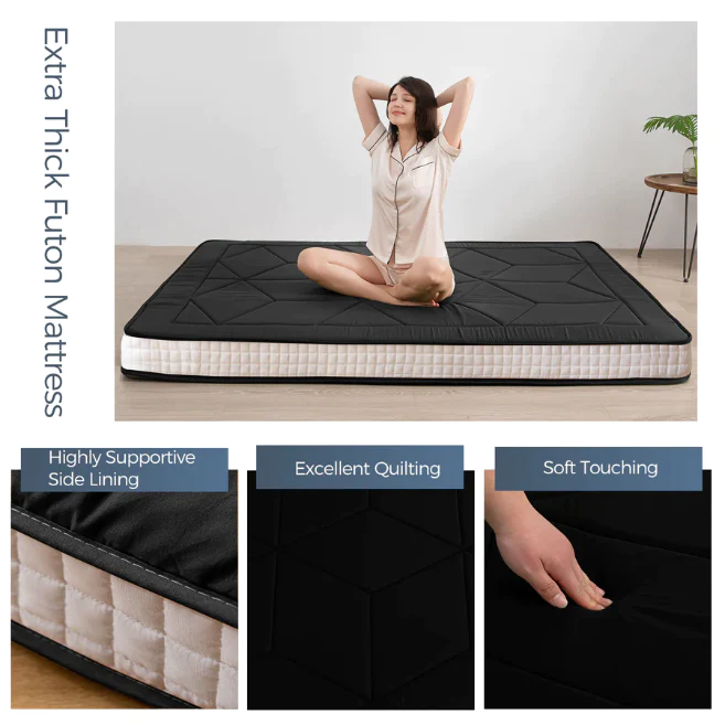 MAXYOYO Padded Japanese Floor Mattress - Black Foldable Roll Up Futon for Bedroom, Guest Room & Travel | Comfortable Floor Sleeping Mat for Adults & Kids