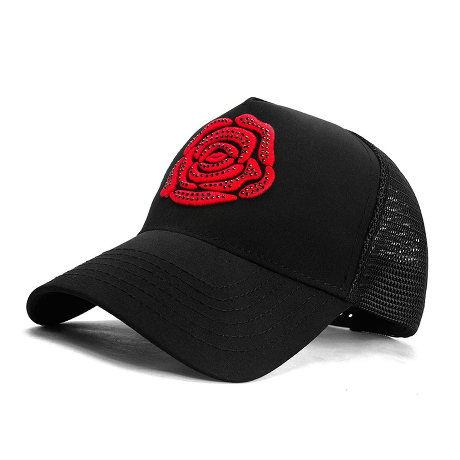 Embroidered Rose Mesh Baseball Cap for Women - Bling Rhinestone Adjustable Sun Hat - Fashionable Travel & Beach Accessory - Perfect for Outdoor, Party, and Casual Wear
