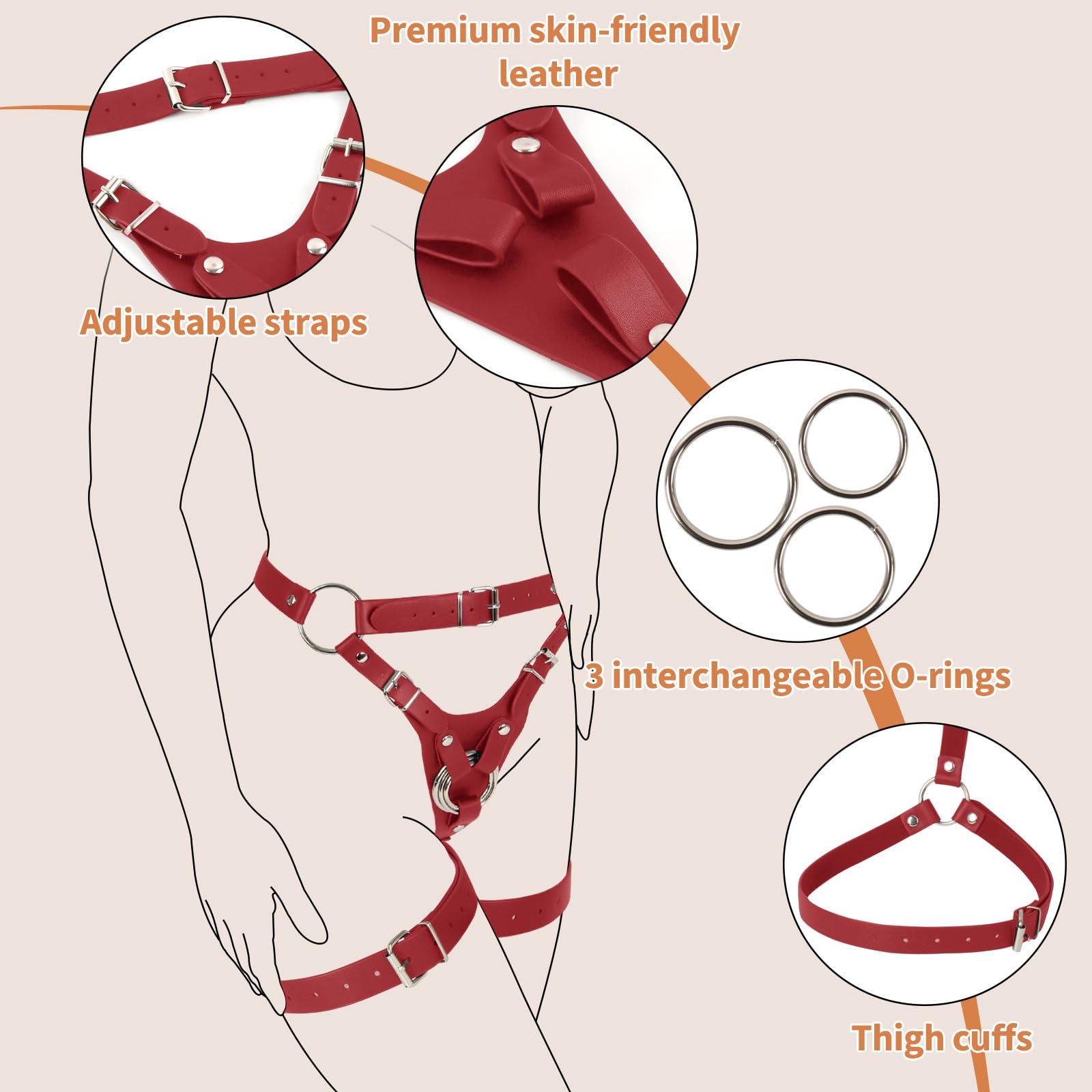 Adjustable Strap-On Harness for Women & Couples - Pegging Dildo with Detachable 3-Size Metal O-Rings & Thigh Cuffs - Wearable Bondage Gear for Lesbian, Gay, Vaginal & Anal Play - Perfect for Role Play, BDSM & Couples Intimacy