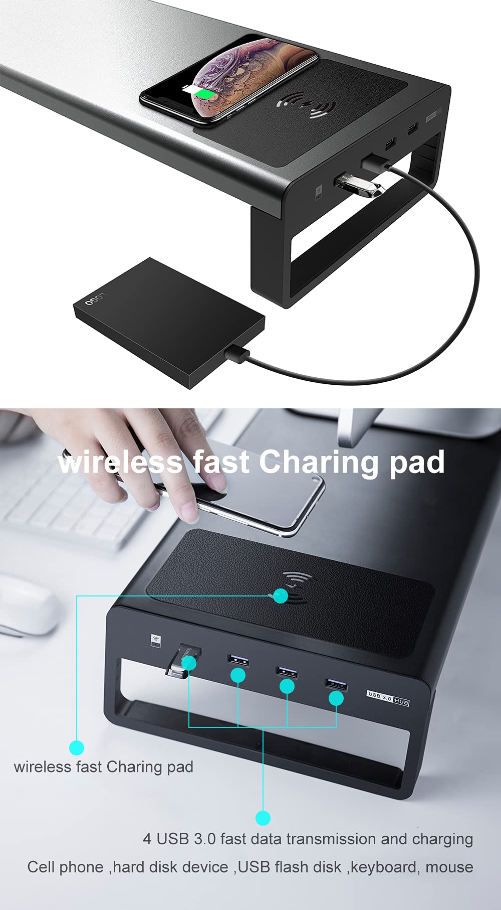 Wireless Charging Monitor Stand - Aluminum Alloy Desktop Riser with USB Port for Computer, Laptop, PC | Ergonomic Workspace Organizer for Office & Home Use (Silver)