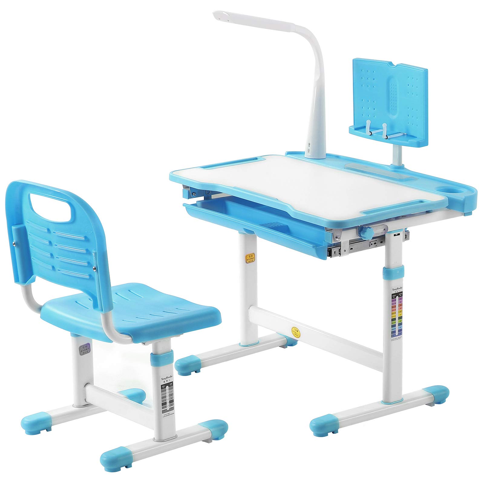 Height Adjustable Kids Desk and Chair Set with LED Light - Ergonomic Study Table for Children, Home School & Student Writing Desk - Tilt Desktop with Reading Board & Pull Out Drawer - Blue - Perfect for Homework, Online Learning & Creative Activities