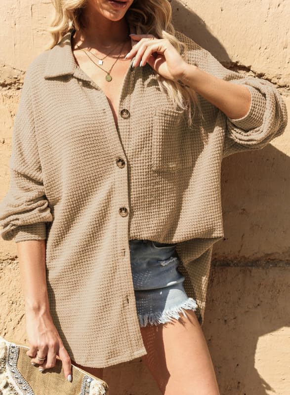 Dokotoo Women's Waffle Knit Shacket Jacket - Casual Long Sleeve Button Down Shirt Blouse for Work & Fall Outfits | Stylish Layering Top for Office, Date Night & Weekend Wear