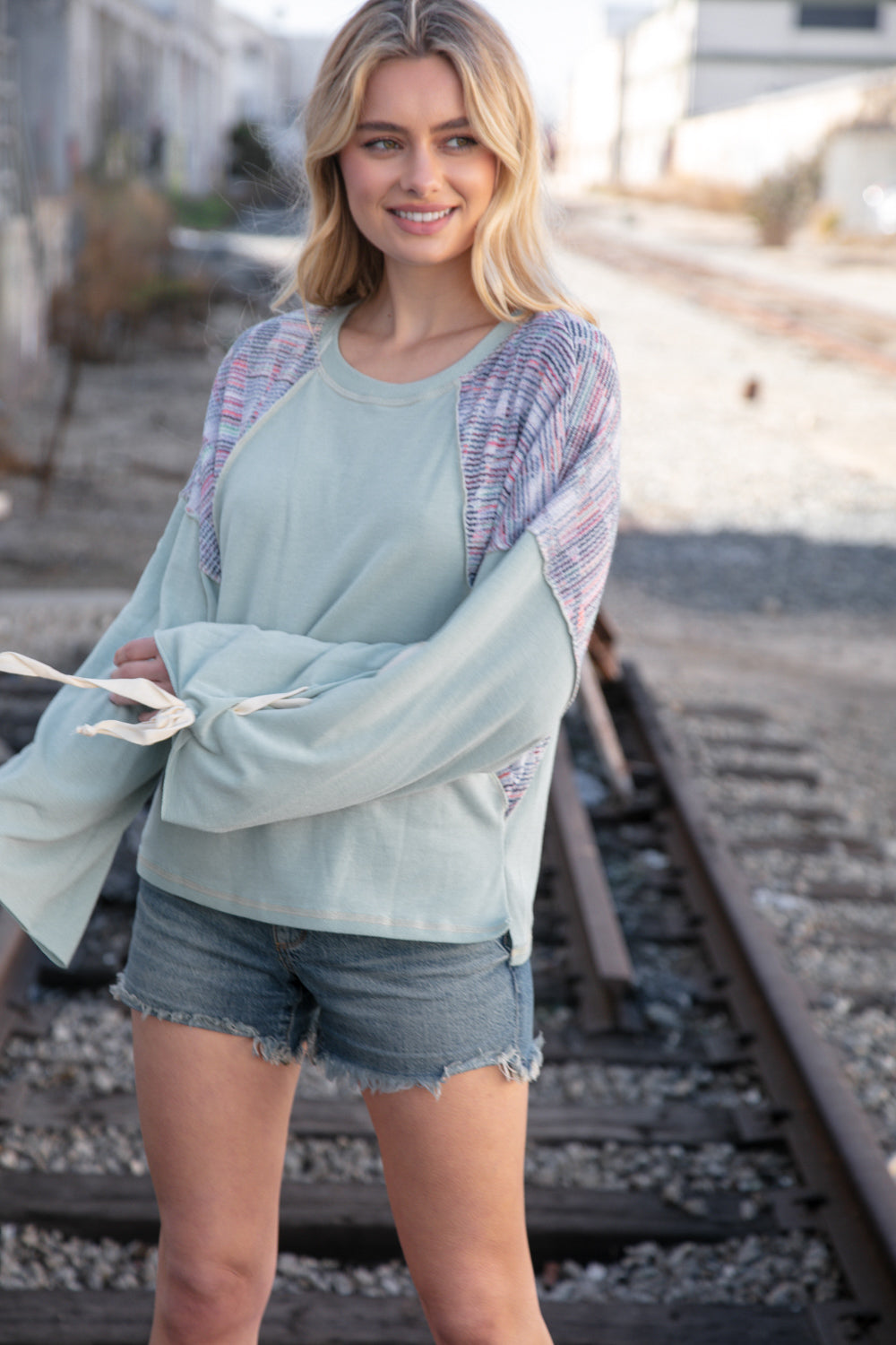 Stylish Mint Lace-Up Long Sleeve French Terry Oversized Pullover Sweatshirt | Women's Casual Loungewear for Fall & Winter | Perfect for Coffee Dates, Weekend Errands and Cozy Nights