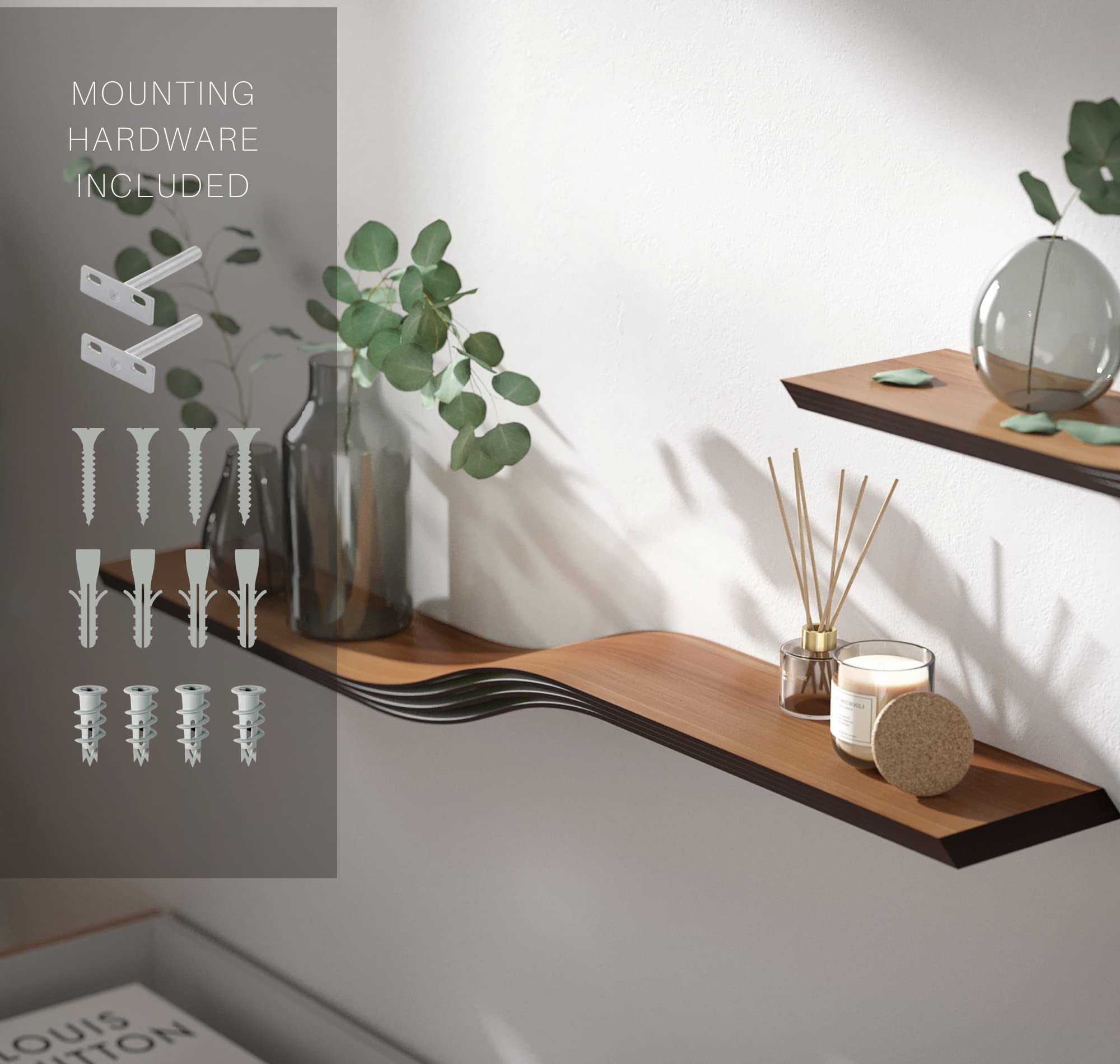 EWART WOODS 48 Inch Floating Wall Shelf - Natural Walnut Wood Hanging Bookshelf with Unique Curved Design for Living Room, Office, Bedroom - Perfect for Displaying Books, Decor & Plants