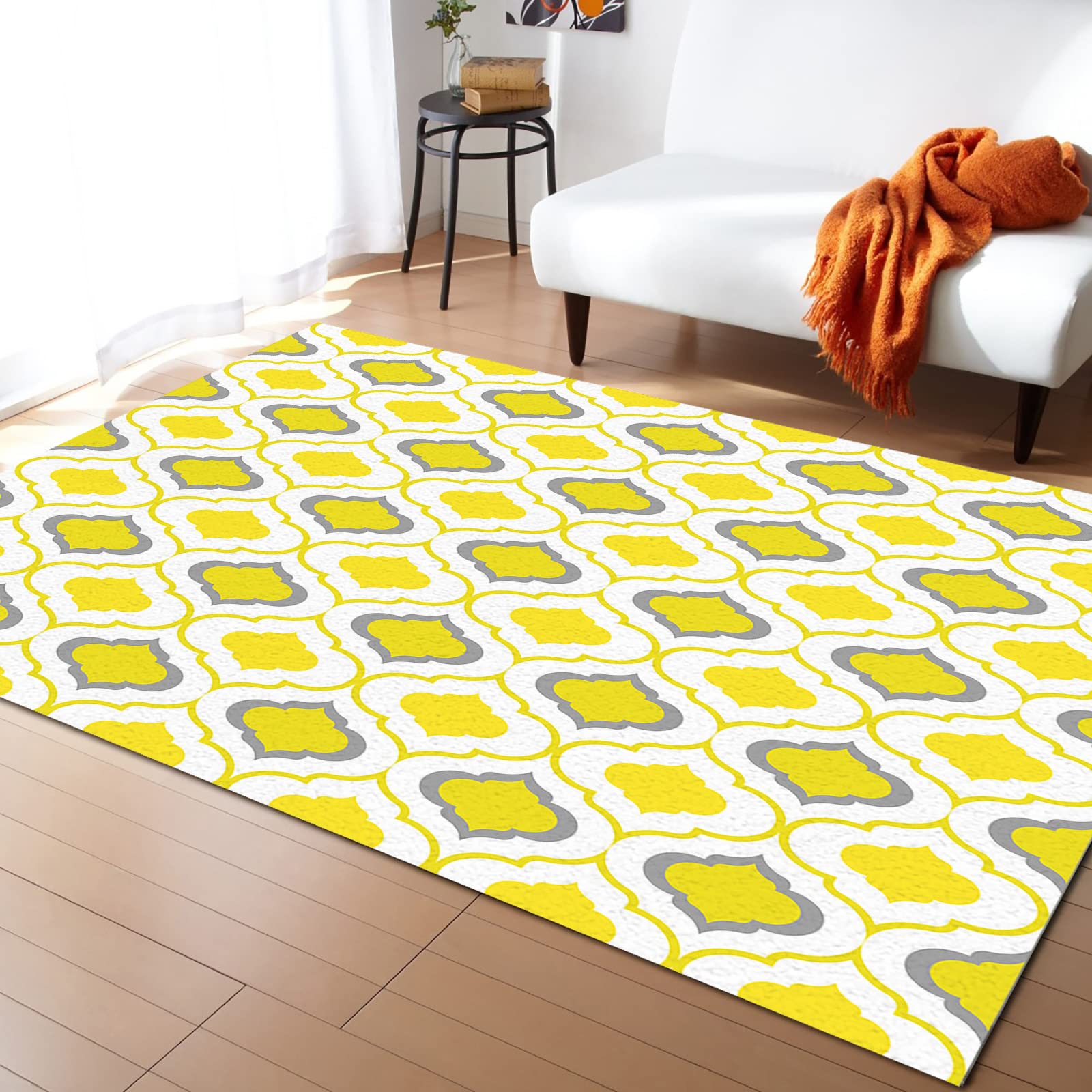 Moroccan Pattern Non-Slip Area Rug 5'x8' - Yellow Gray White Rectangle Accent Rug for Bedroom, Living Room, Nursery & Playroom | Indoor Home Decor & Floor Protection