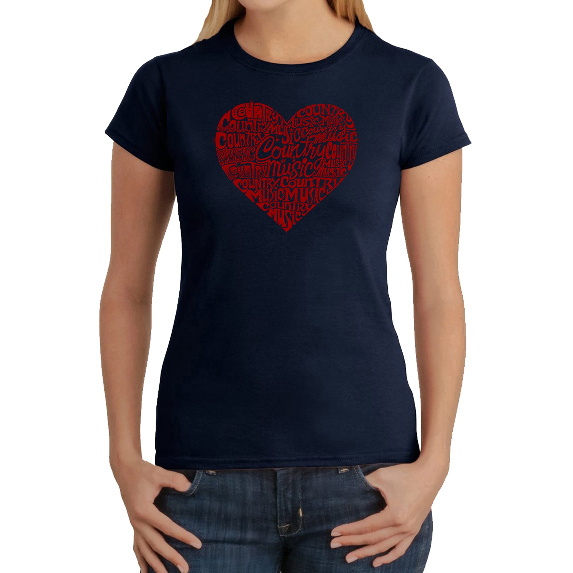 LA POP ART Women's Word Art T-Shirt - Vintage Country Music Heart Design Graphic Tee for Concerts & Casual Wear