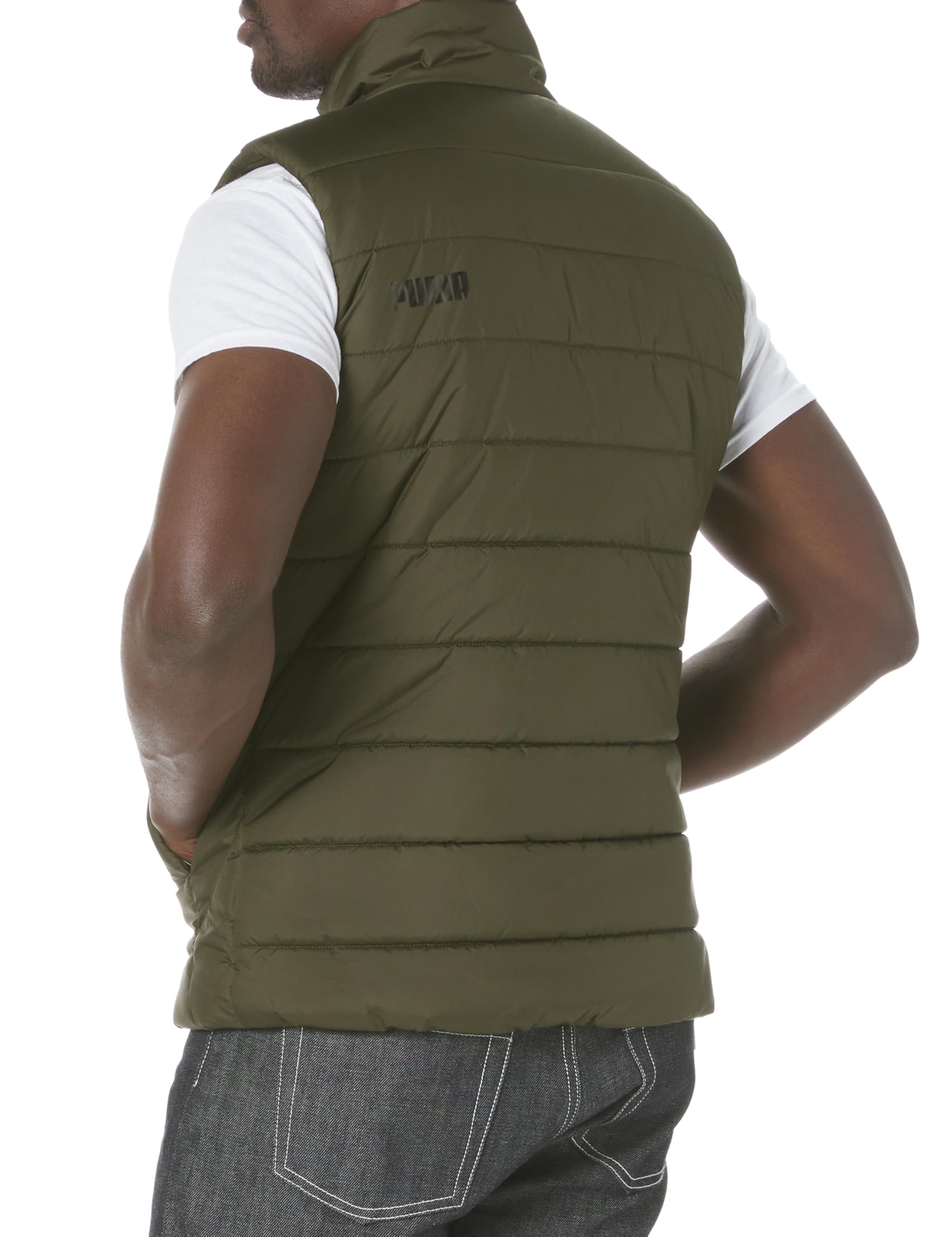PUMA Men's Essentials Padded Vest - Lightweight Warm Winter Jacket for Outdoor Activities, Dark Olive, Size Large | Perfect for Hiking, Camping & Casual Wear