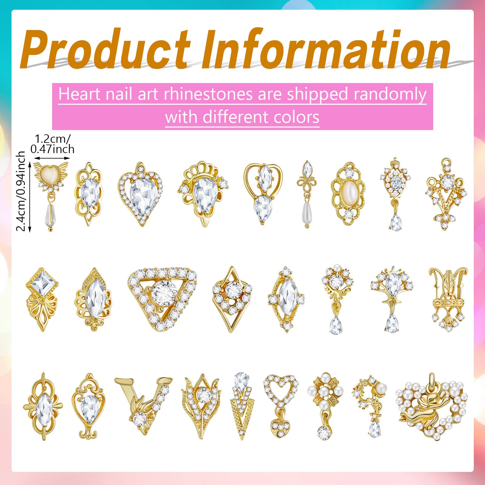 Maitys 54-Piece Gold & Silver 3D Nail Charms Set - Alloy Rhinestone Heart Dangle Jewelry, Crystal Metal Nail Gems with Flower Studs for DIY Nail Art | Perfect for Christmas, Parties, Weddings & Special Occasions