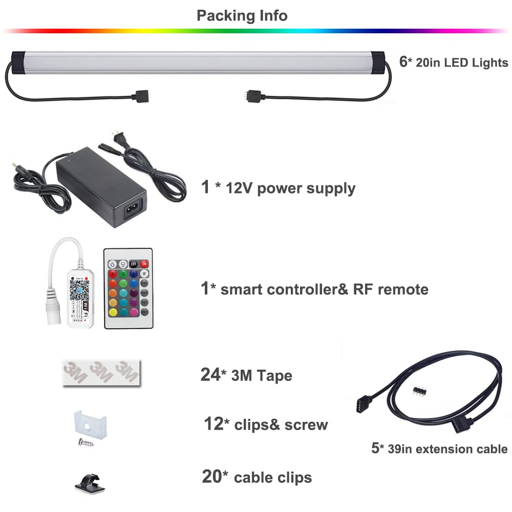 Dimmable Under Cabinet LED Lighting Kit - 20 Inch RGB Light Bars with RF Remote & Alexa Control, Linkable Smart Lights for Kitchen, Desk, Workbench & Shelf (6 Pack) - Perfect for Task Lighting & Ambient Decor