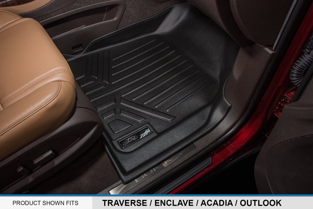 MAXLINER Custom Fit All-Weather Floor Mats 3 Row Set - Black - Compatible with Chevy Traverse, Buick Enclave, GMC Acadia, Saturn Outlook (2009-2017 Models with 2nd Row Bucket Seats) | Heavy Duty Protection for Mud, Snow & Spills | Perfect for Family Road Trips & Outdoor Adventures