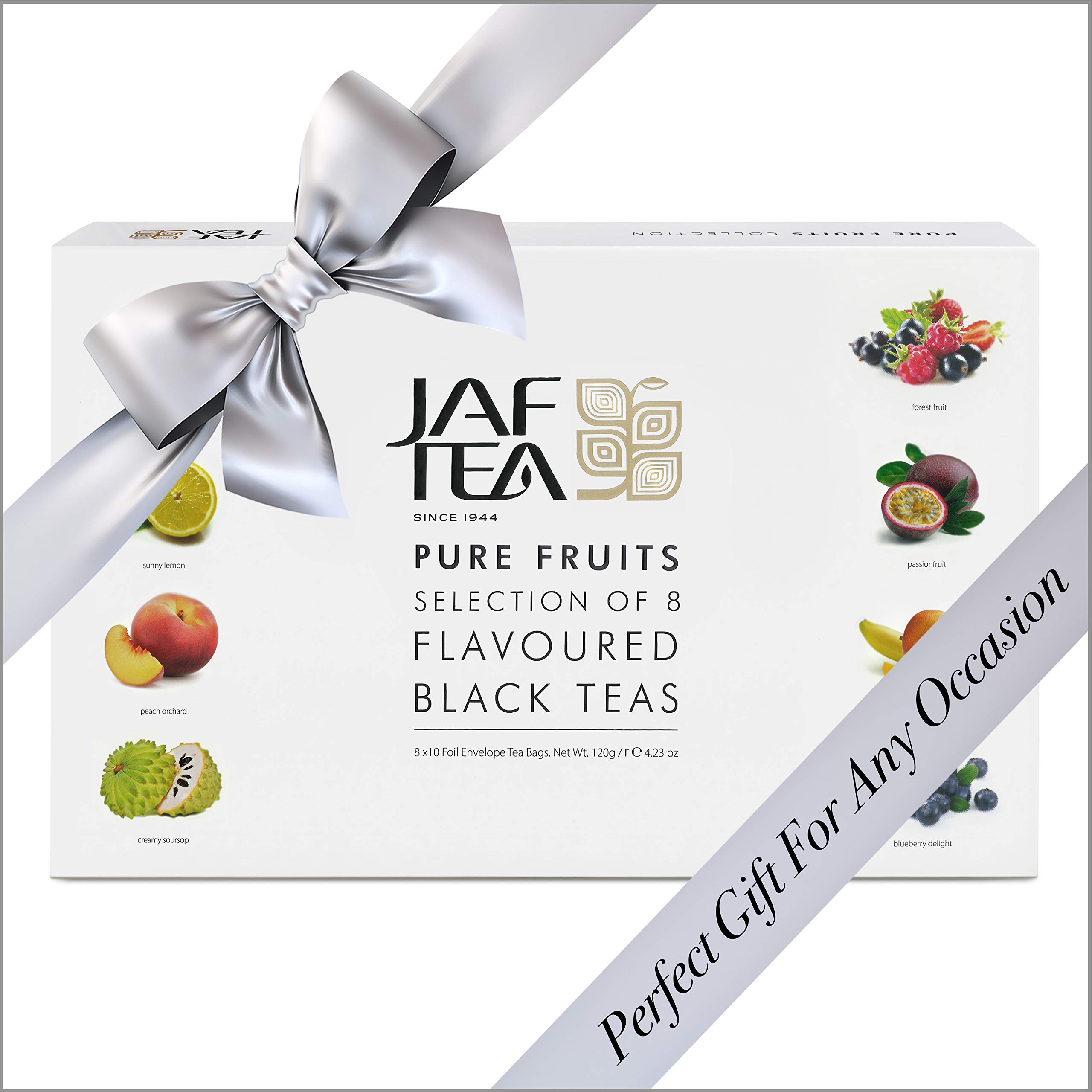 Jaf Tea - Premium Tea Sampler Gift Set Box with 80 Tea Bags (8 Flavors) - Fruit Black Tea Variety Pack Includes Lemon, Peach & Passion Fruit - Perfect for Gifts, Office & Relaxation