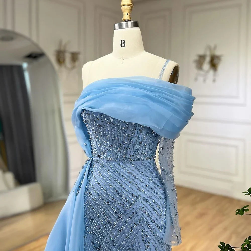 Elegant Blue Mermaid One Shoulder Evening Dress with Luxury Pearl Beading for Women - Perfect for Weddings, Parties & Special Occasions - Serene Hill Collection 2025 LA72244