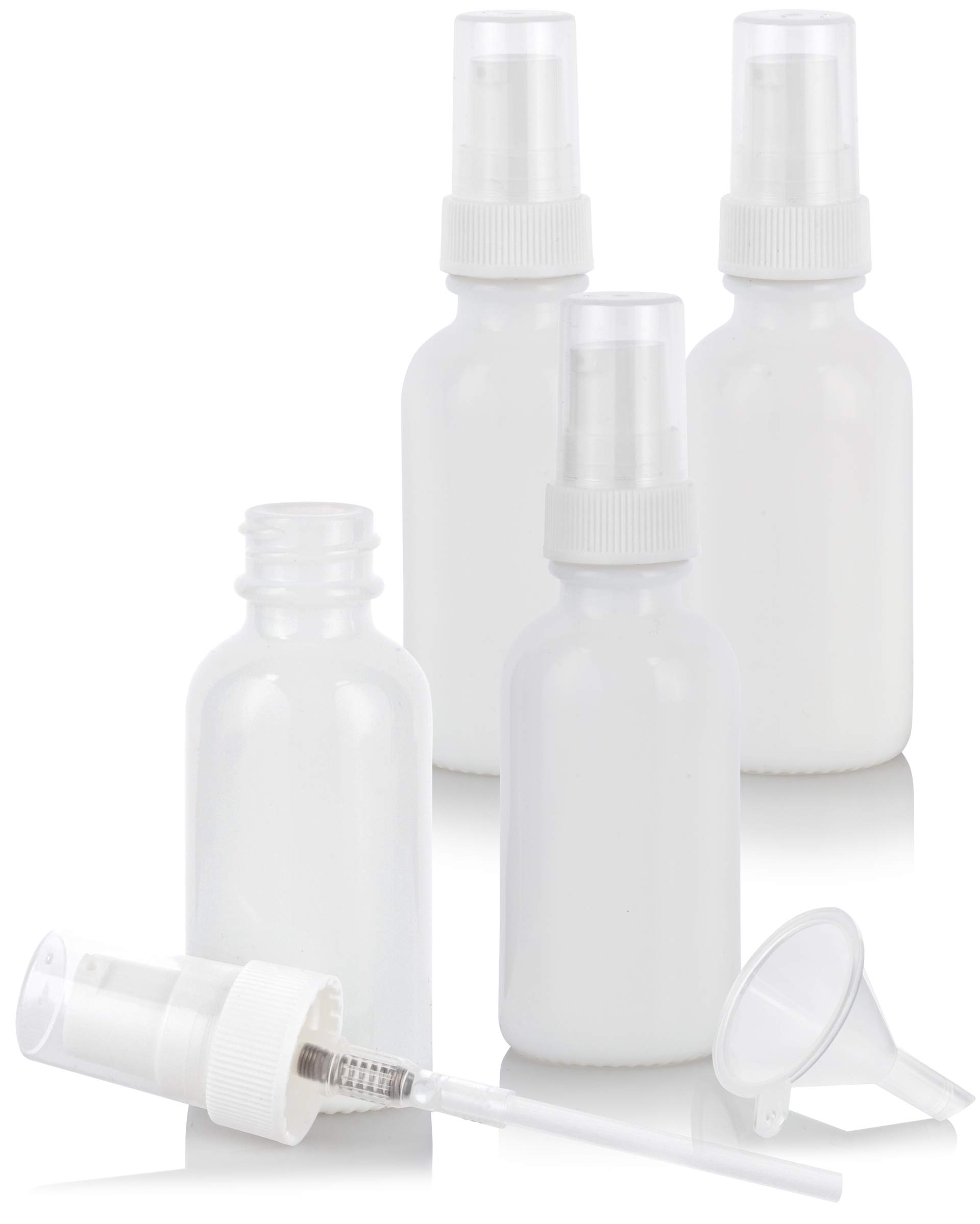1 oz Opal White Glass Boston Round Bottle with White Treatment Pump (4 Pack) + Funnel – Perfect for Essential Oils, DIY Beauty Products & Travel-Sized Liquids
