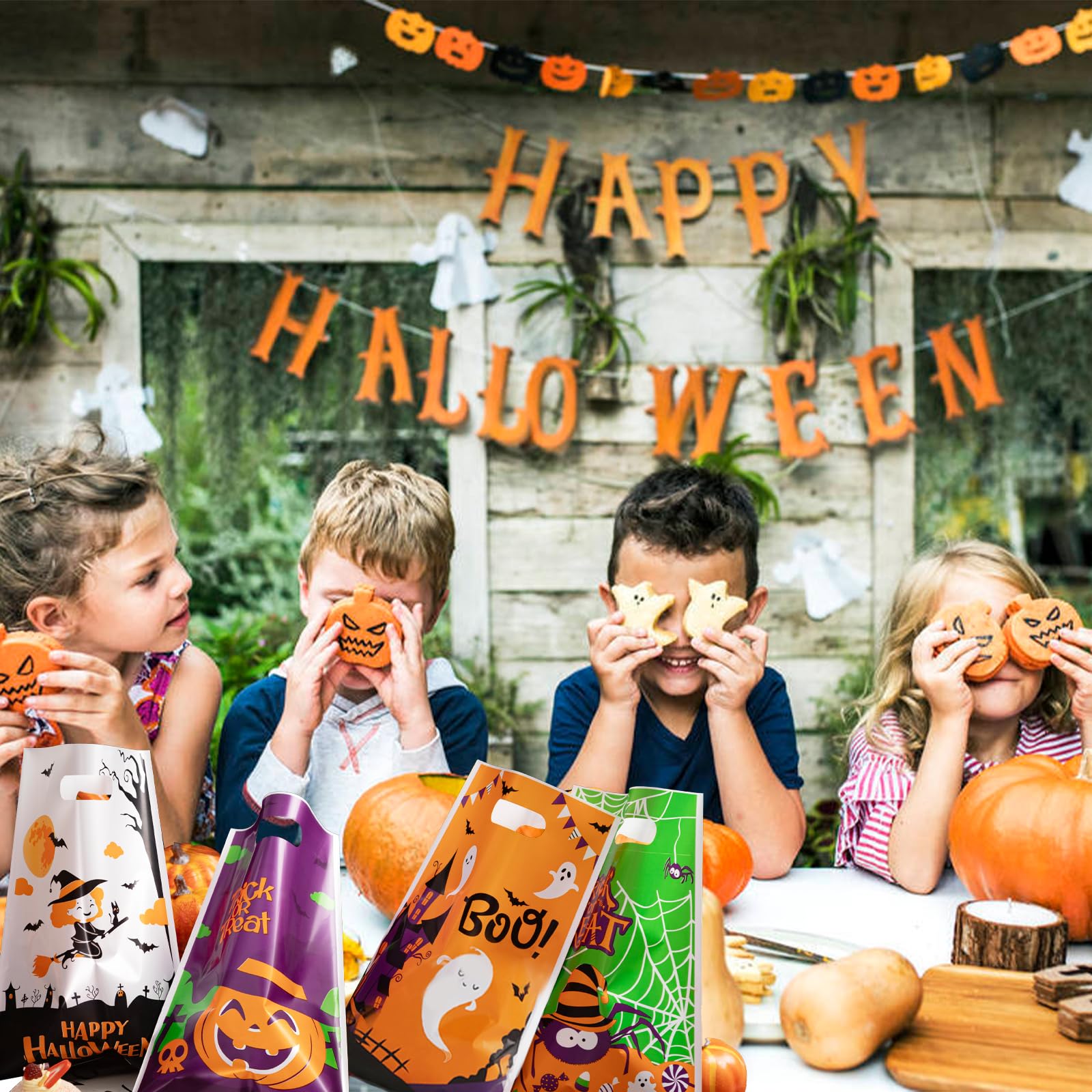 Jocomoni 100Pcs Halloween Goodie Bags with Handles - Plastic Trick or Treat Candy Bags for Halloween Party Favors & Supplies - Perfect for Classroom Treats, Neighborhood Trick-or-Treating & Halloween Events