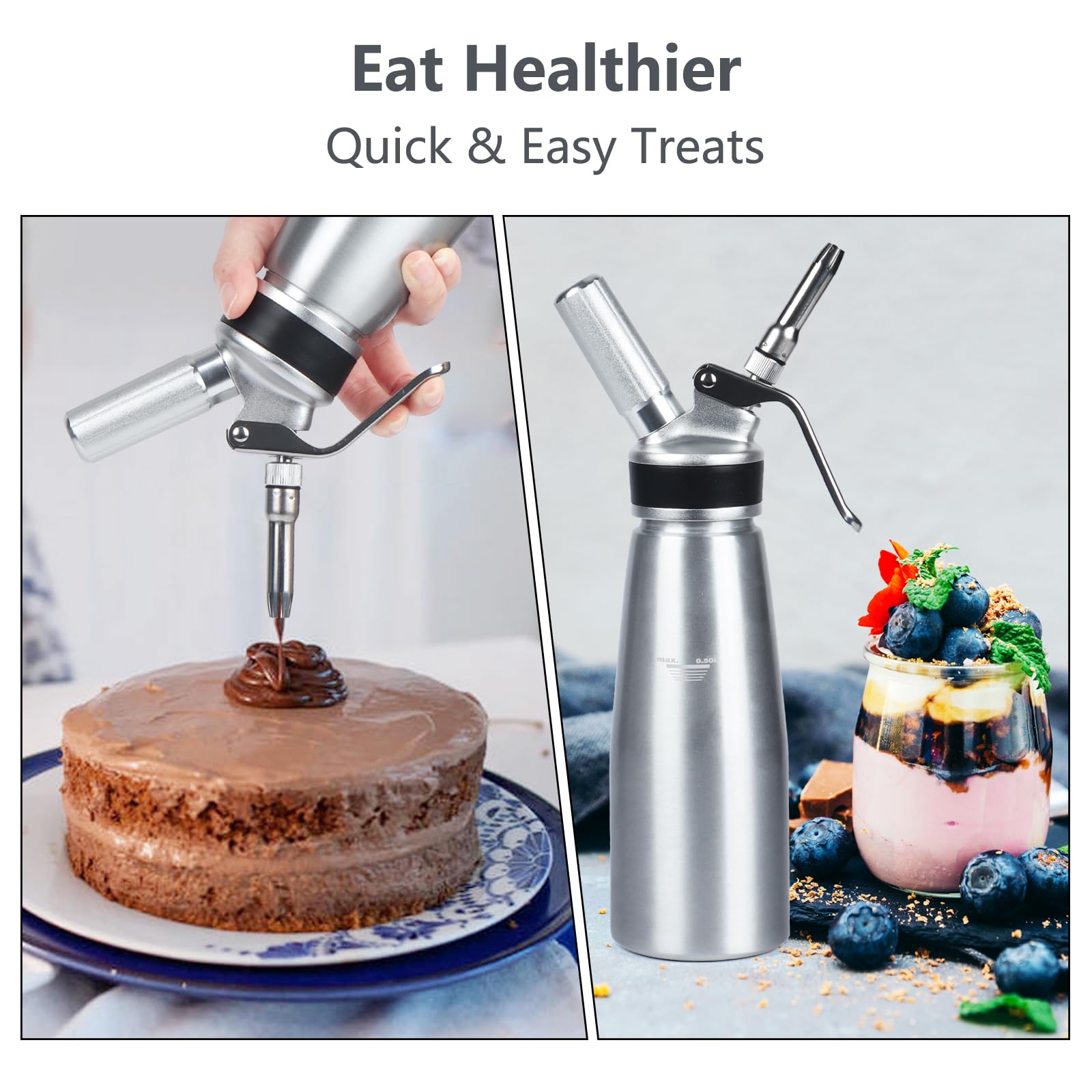 Premium Aluminum Whipped Cream Dispenser - 1 Pint (500ml) Professional Cream Whipper with 6 Decorating Nozzles & Cleaning Brush - Perfect for Desserts, Coffee, Cocktails & Home Baking