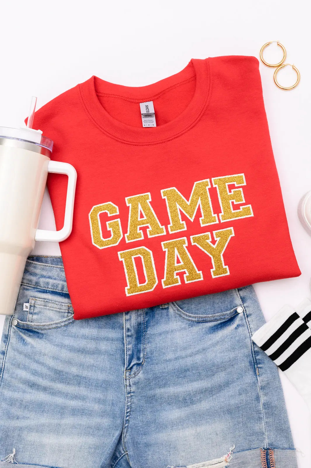 PREORDER: Embroidered Glitter Game Day Sweatshirt - Red & Gold Team Spirit Pullover for Football, Basketball & Tailgate Parties | Comfortable Fan Apparel for Sports Events & Casual Wear
