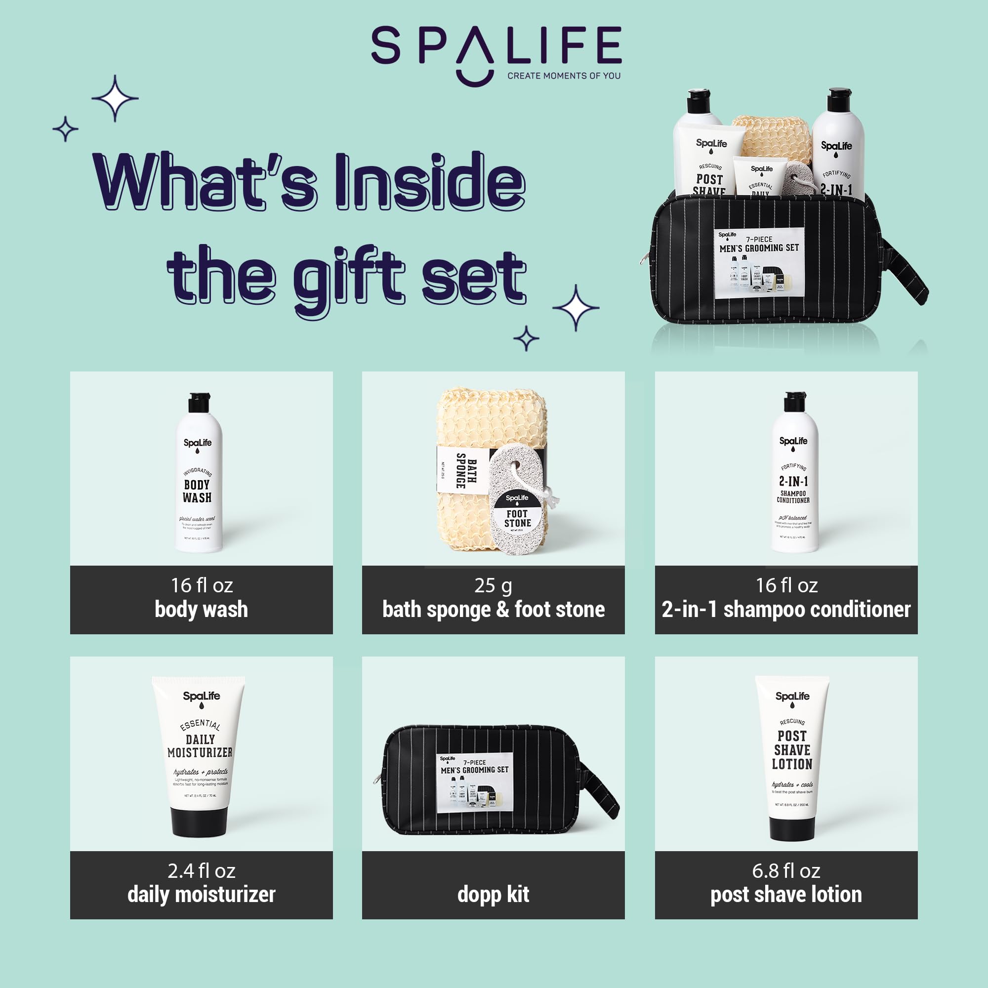 SpaLife 7-Piece Men's Grooming Gift Set - 2-in-1 Shampoo & Conditioner, Body Wash, Daily Moisturizer, Post-Shave Lotion, Bath Sponge & Foot Stone | Perfect for Home Spa, Self-Care Routine & Gifts for Men