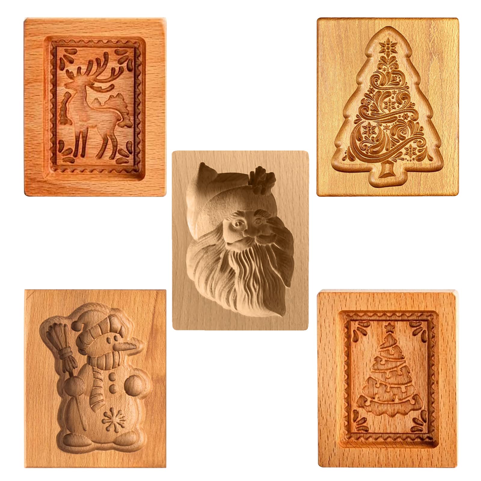 3D Wooden Cookie Biscuit Mold Set - 5pcs Christmas Baking Tools for Embossing & Decorating | Perfect for Halloween, Thanksgiving, Christmas DIY Kitchen Crafts & Holiday Cookie Making