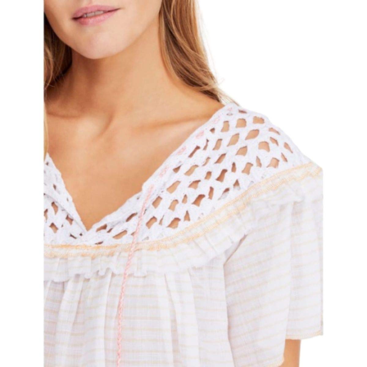 Free People Women's Allora Crochet Short Sleeve Blouse | Boho Chic Summer Top | Perfect for Beach, Music Festivals & Casual Outings