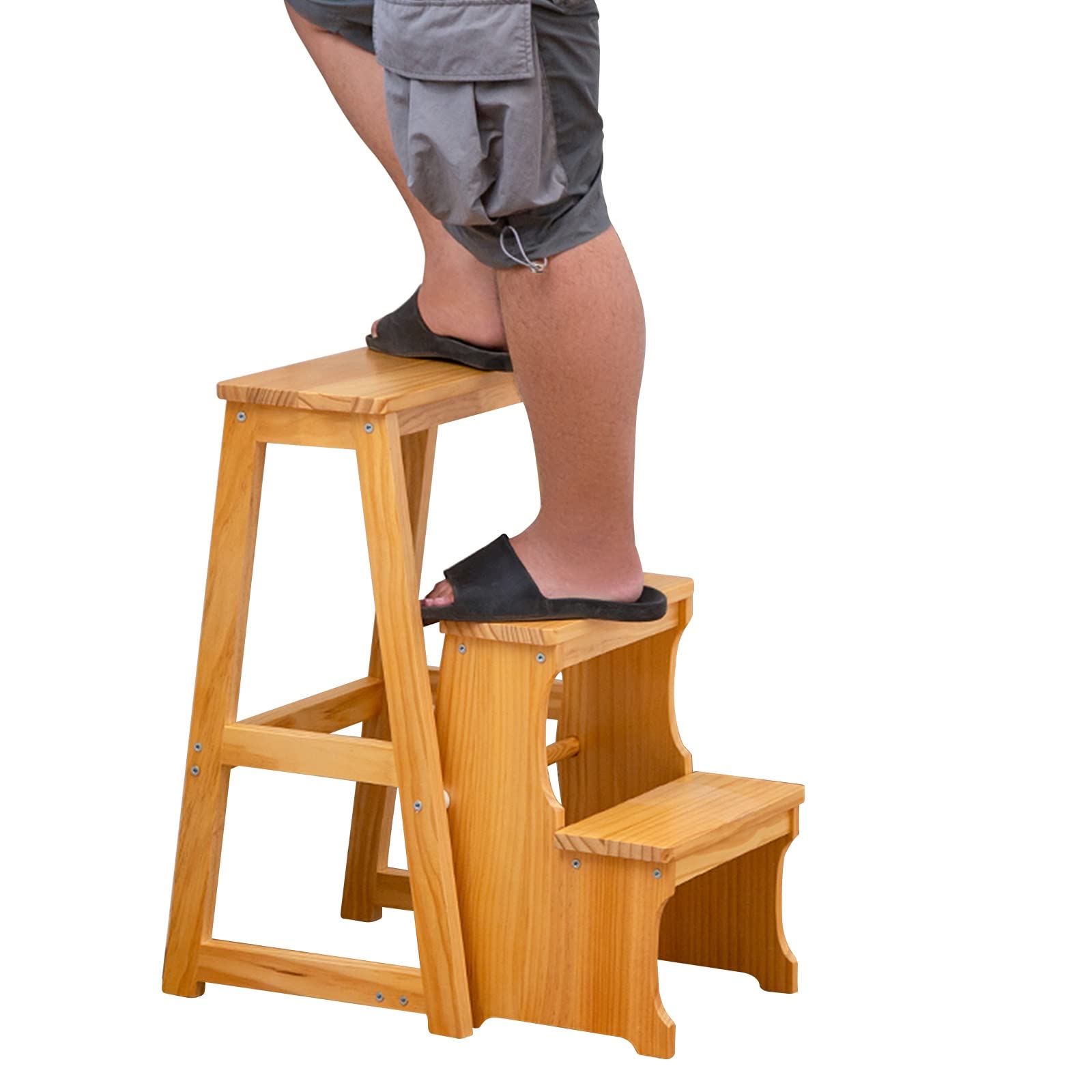 3-Step Wooden Folding Ladder Stool - Portable Non-Slip Step Stool for Kitchen, Bathroom & Home - Multi-Purpose Shoe Rack, Flower Stand & Safety Step Ladder - Perfect for Reaching High Shelves, Changing Light Bulbs & Home Organization