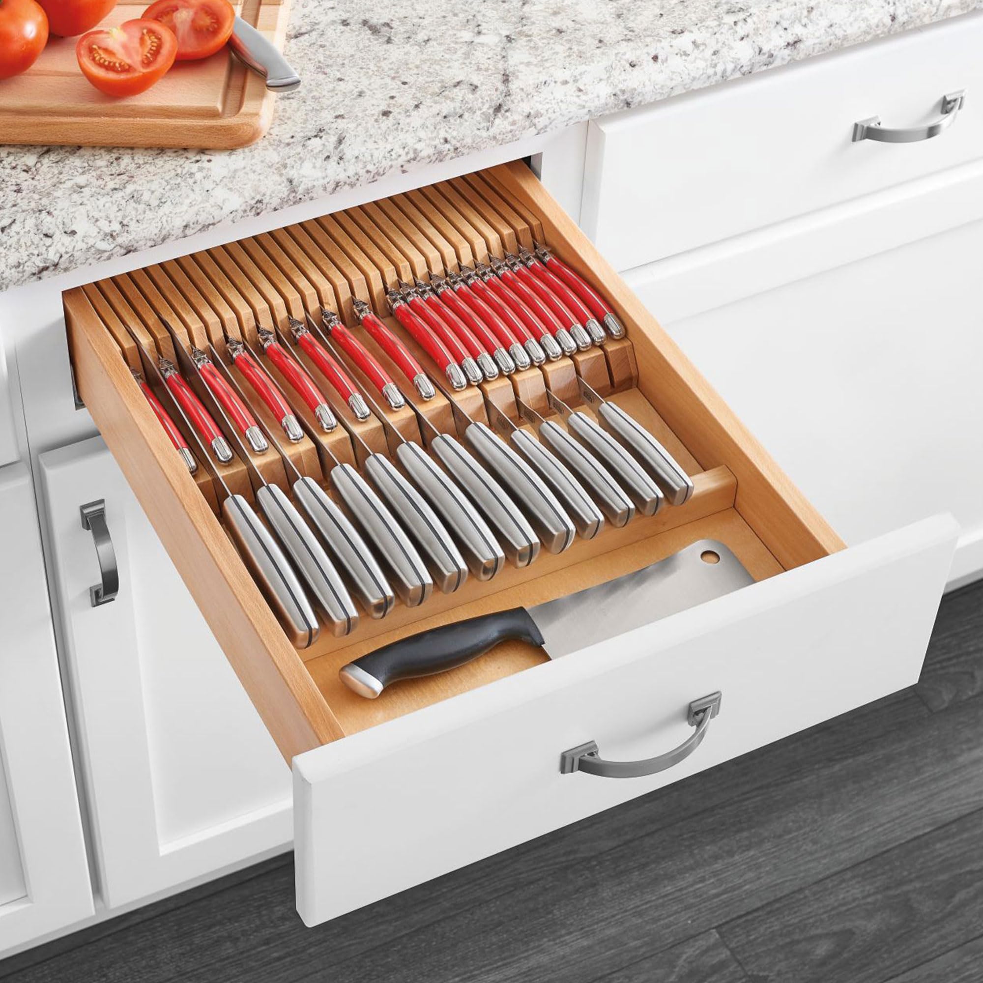 Rev-A-Shelf Dual Row Adjustable Knife Block Drawer Organizer - 55 Slot Wooden Cutlery Tray for Kitchen Utensils Storage (Model 4WDKB-1) - Perfect for Kitchen Drawer Organization & Knife Safety