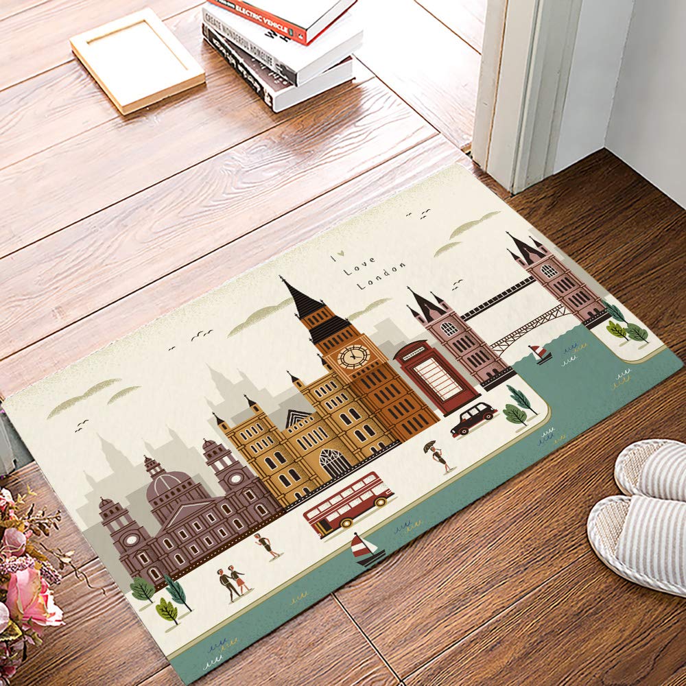London City Clock Pendulum Doormat - British Style Nostalgic Landscape Illustration, Non-Slip Indoor Welcome Mat for Front Door Entrance (18