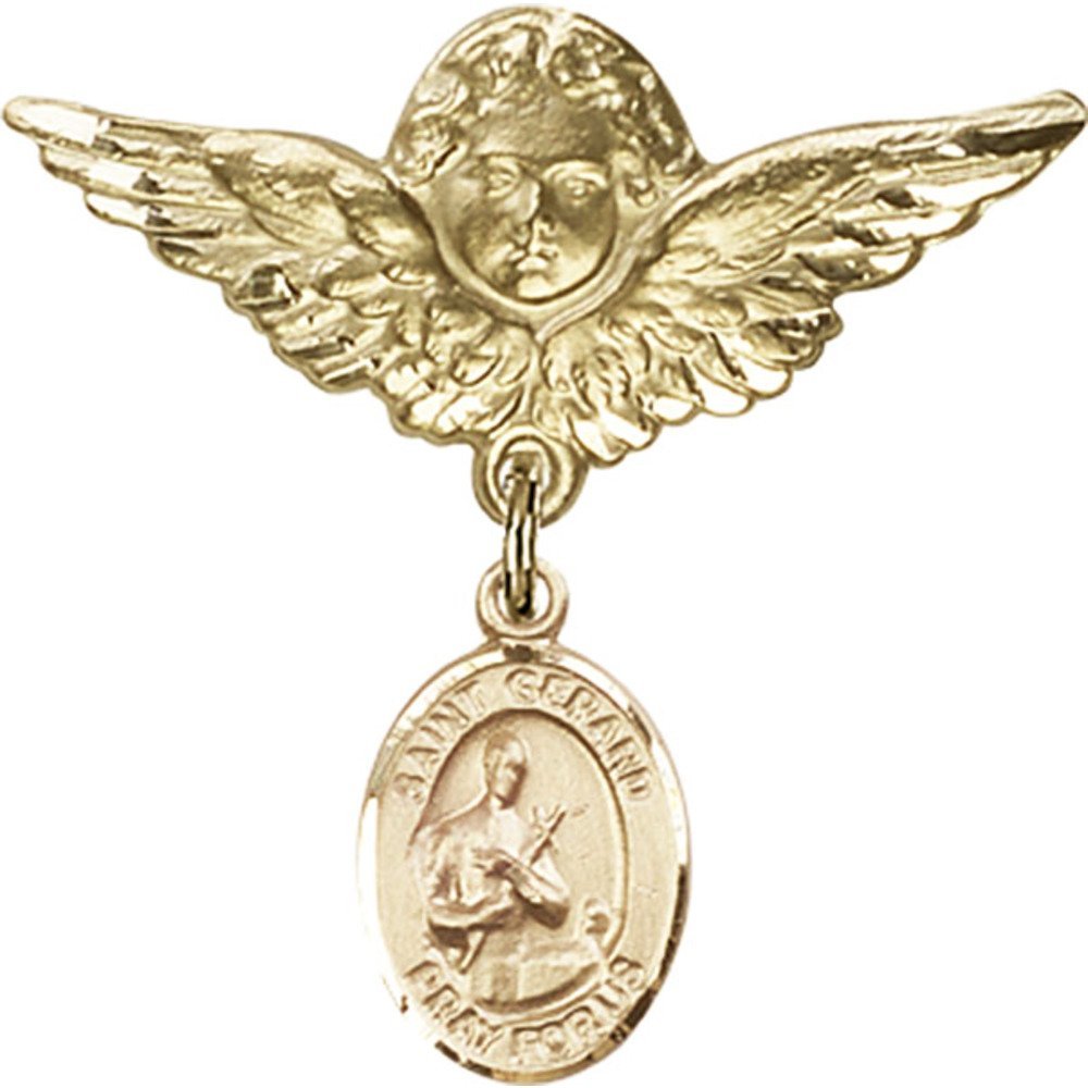 St. Gerard Gold Filled Baby Badge with Angel Wing Charm - 1 1/8 Inch Religious Pin for Baptism, Christening & Newborn Blessings