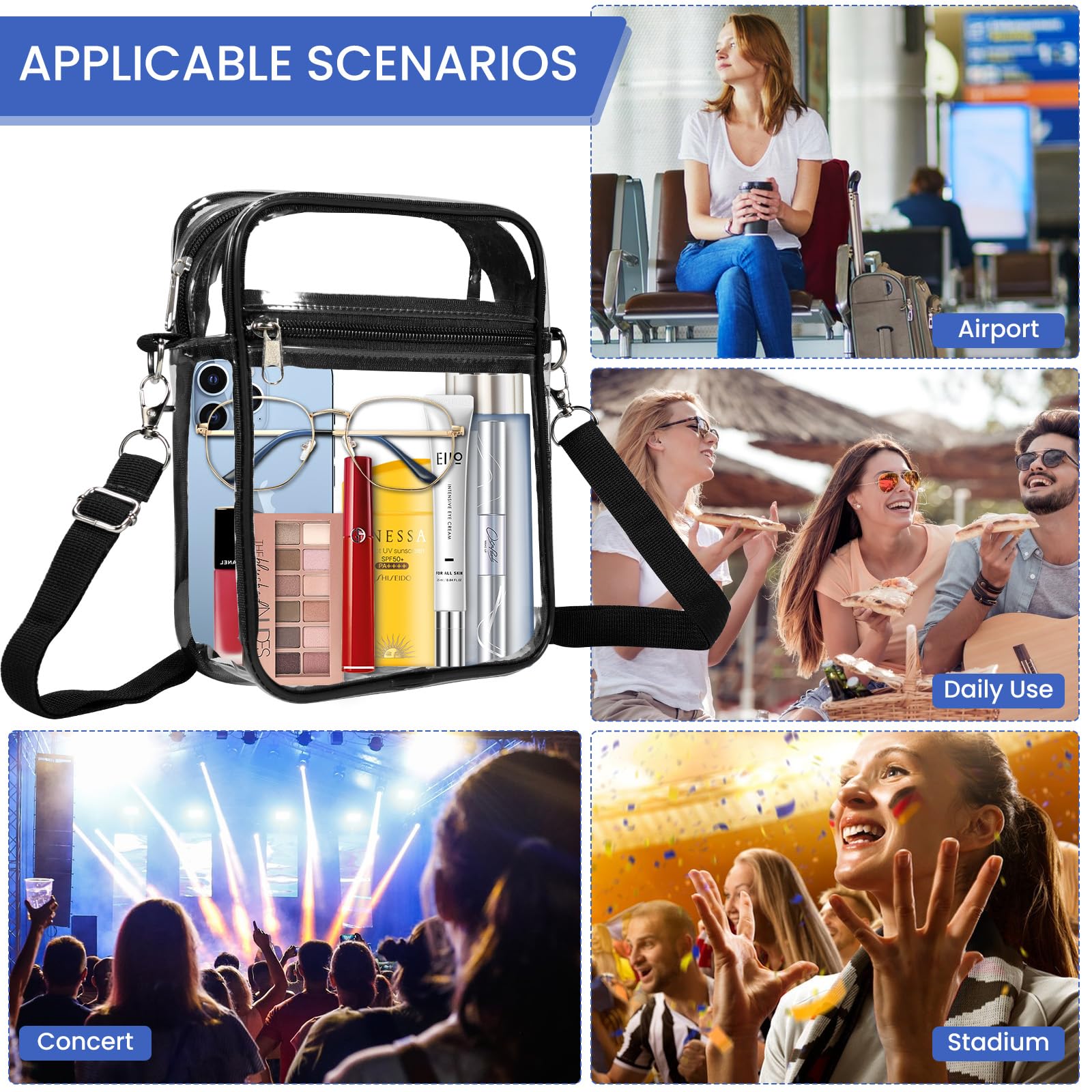 Clear Crossbody Purse for Women - Stadium Approved Small Shoulder Bag for Sports Events & Concerts - Unisex-Adults Sports Fans Essential Accessory - Perfect for Game Days, Music Festivals & Travel