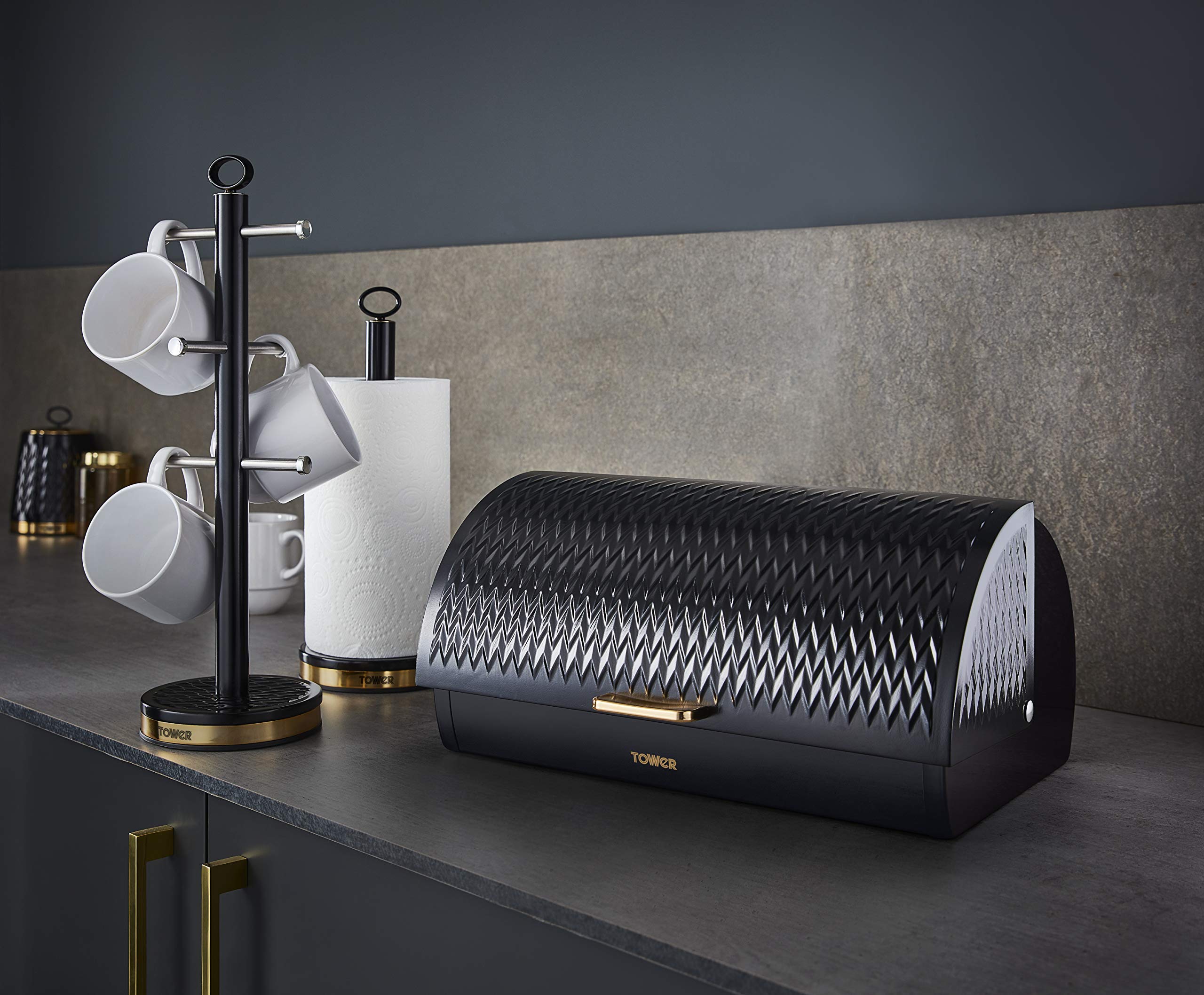 Empire Roll Top Bread Bin - Stainless Steel with Black & Brass Finish - Perfect for Kitchen Storage & Countertop Organization - Ideal for Bread, Pastries & Baked Goods
