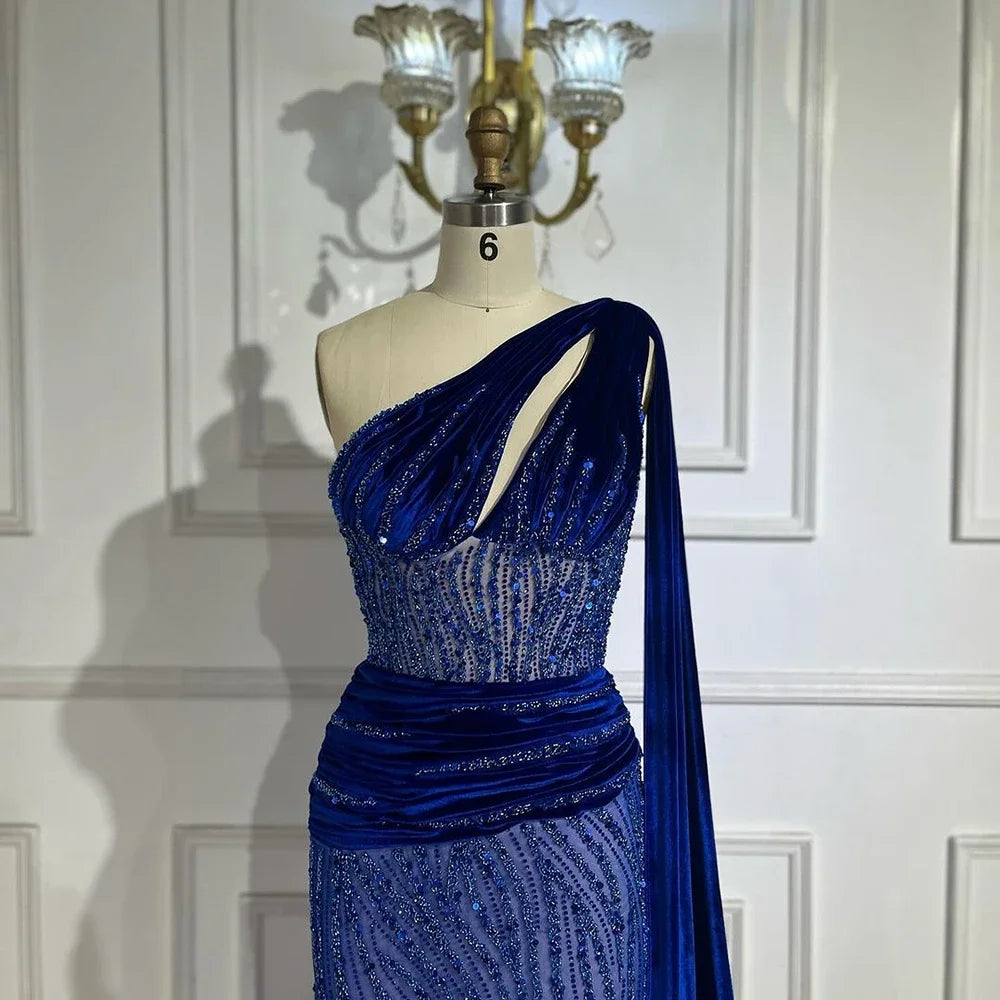 Serene Hill Blue Mermaid One Shoulder Elegant Cape Sleeve Beaded Luxury Evening Dress for Women - Perfect for Prom, Gala & Formal Parties 2025