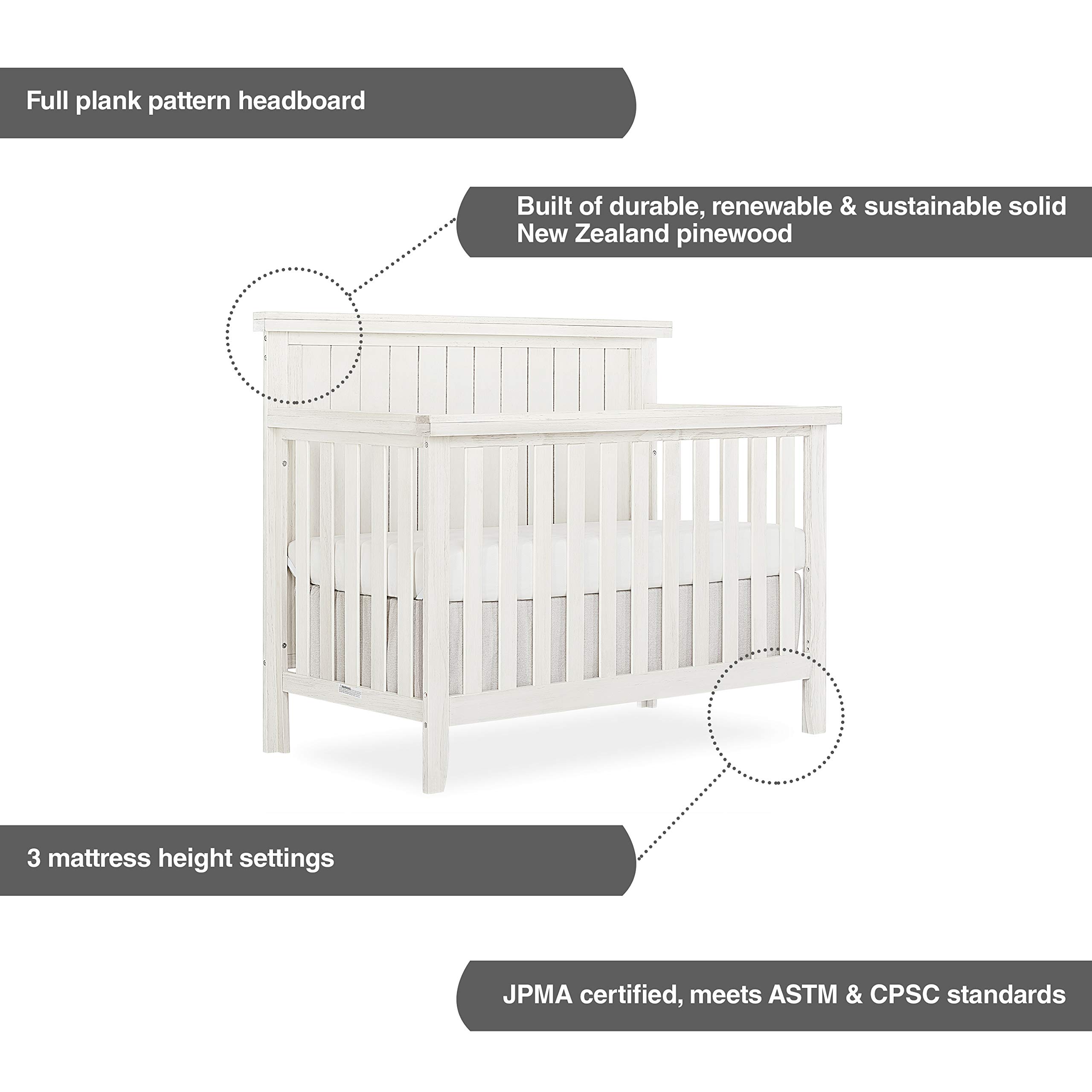 Sweetpea Baby Red Wood 4-in-1 Convertible Crib in Weathered White - Greenguard Gold Certified Safe Nursery Furniture for Newborn to Toddler | Perfect for Modern Nursery, Bedroom & Daycare